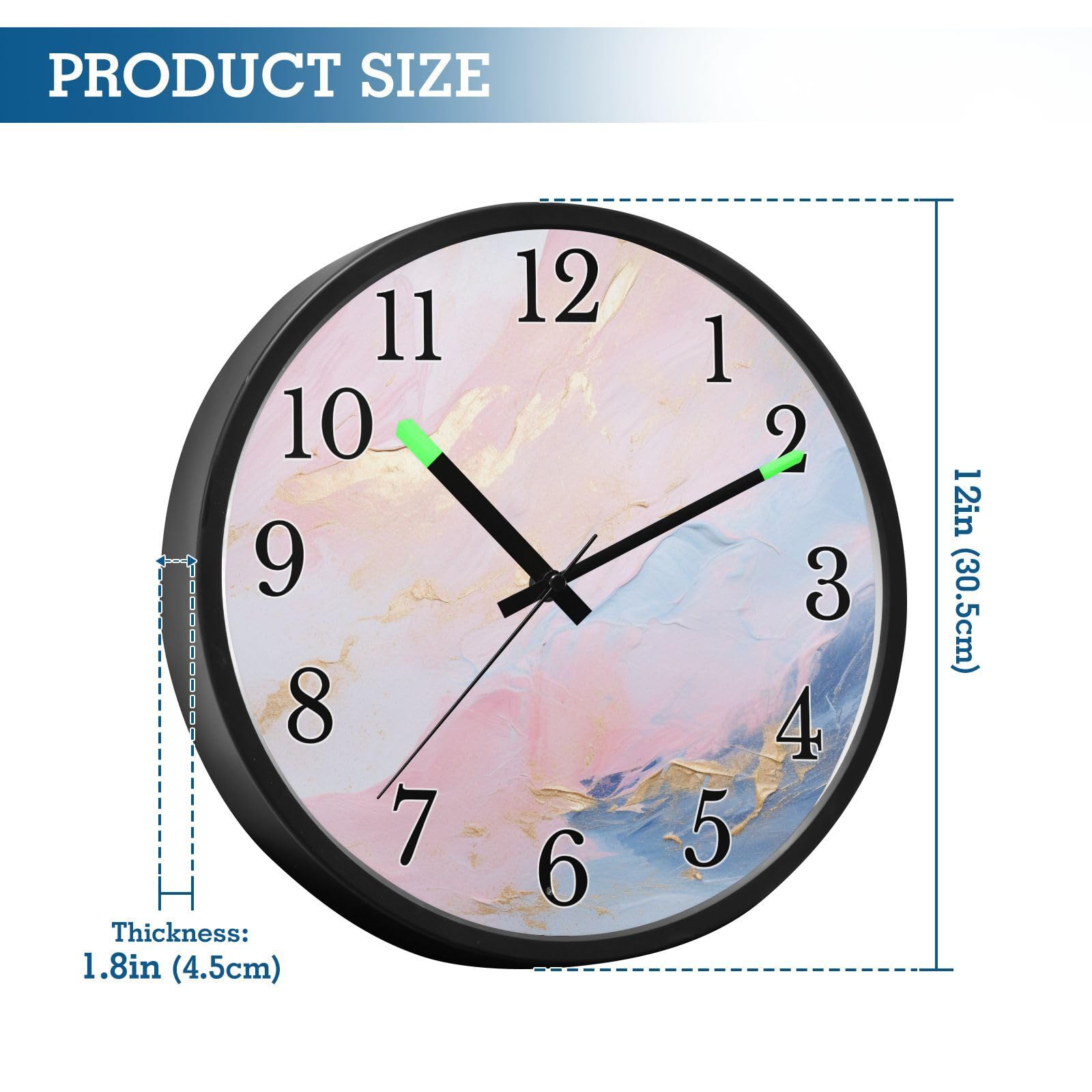 Mnsruu Reloj de pared luminoso con tinta de mármol rosa, reloj de pared que brilla en la oscuridad, funciona con pilas, reloj de luz nocturna silencioso sin tictac para dormitorio