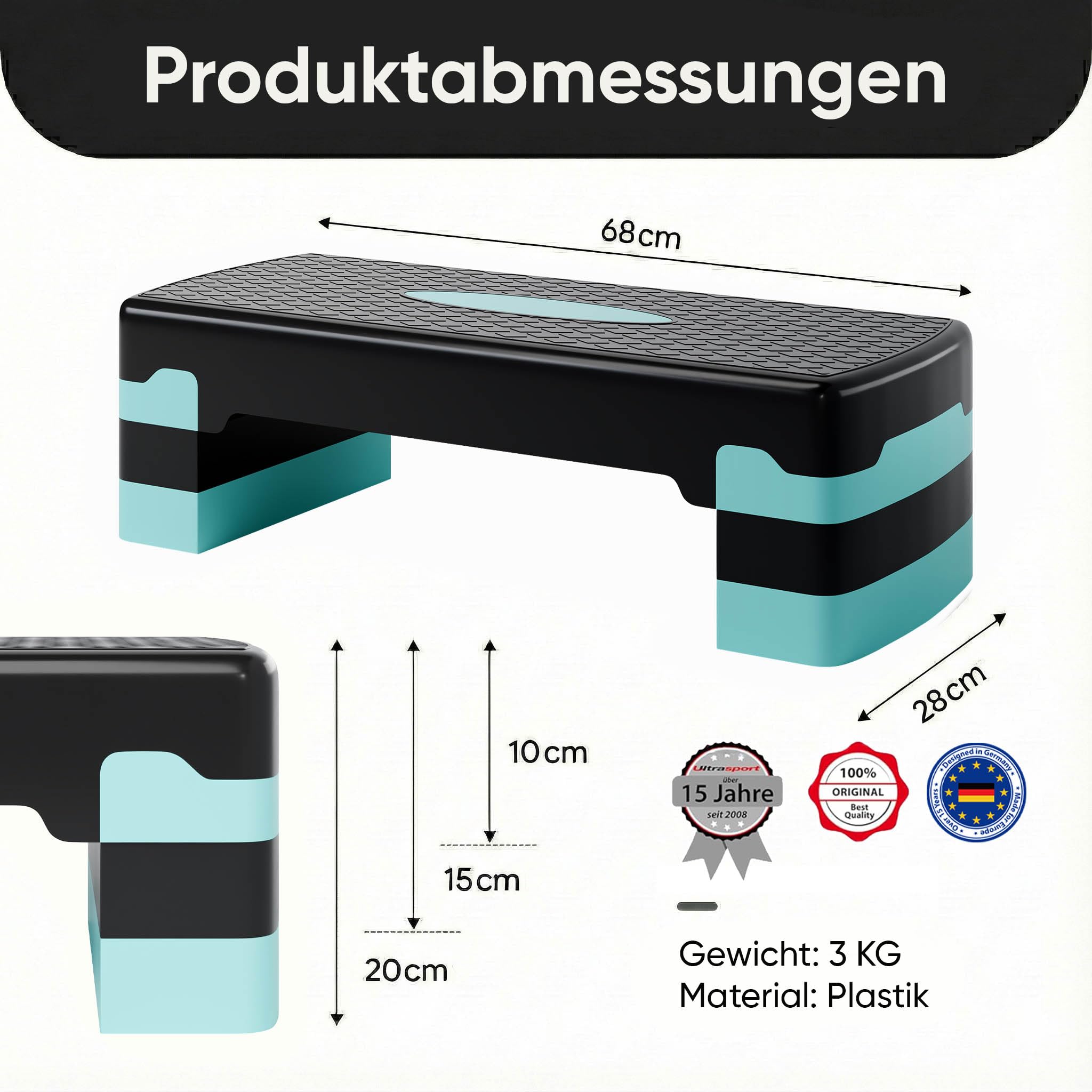 Ultrasport Aerobic Steppbrett I Step Up Board Rutschfest, 3-fach Höhenverstellbar I Fitness Stepper für Zuhause, Stepboard, Stepbench Brett 68 x 28 cm, Blau
