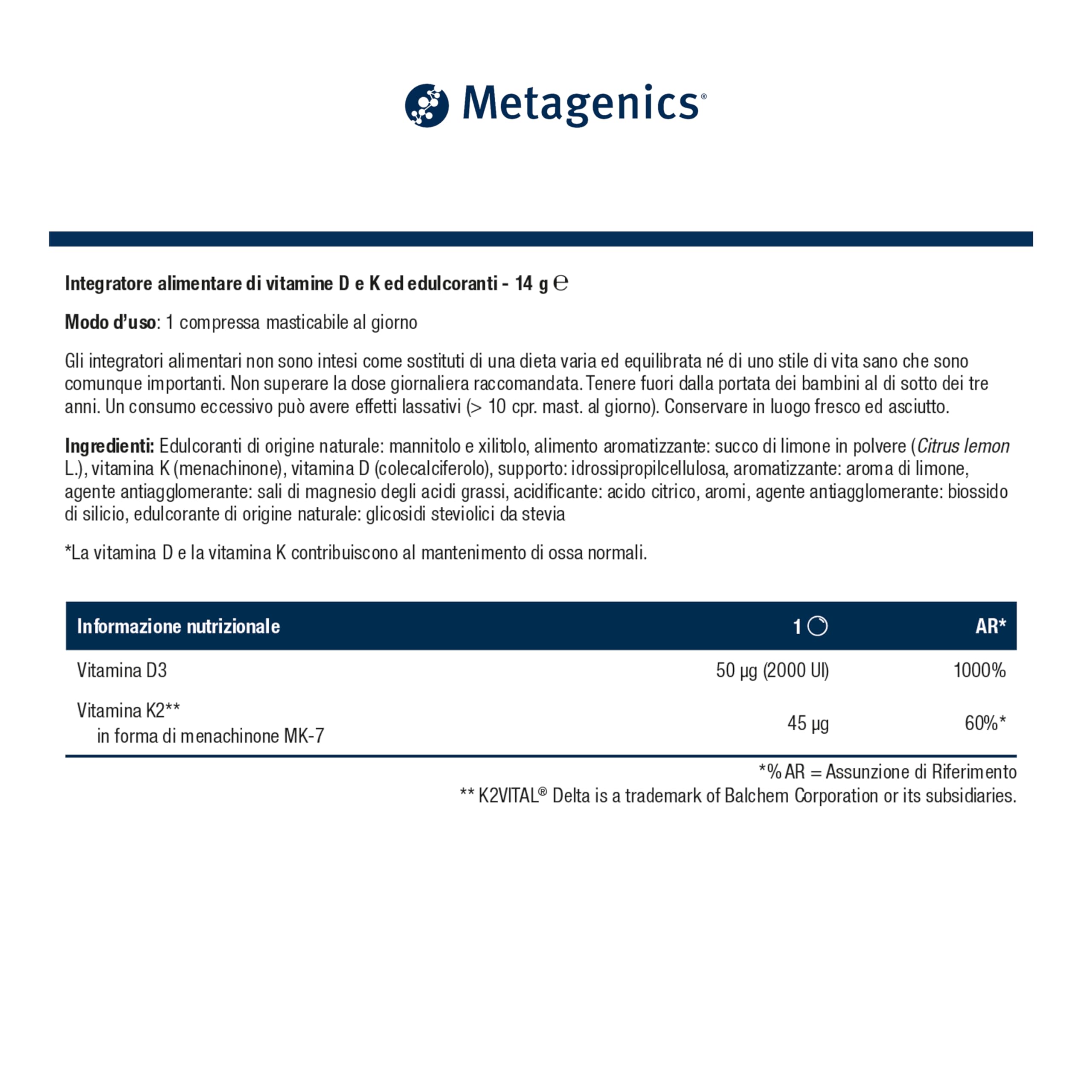 Metagenics Vitamina D3 + K2 - Sostiene la Salute delle Ossa - 56 Compresse Masticabili - Gusto Limone