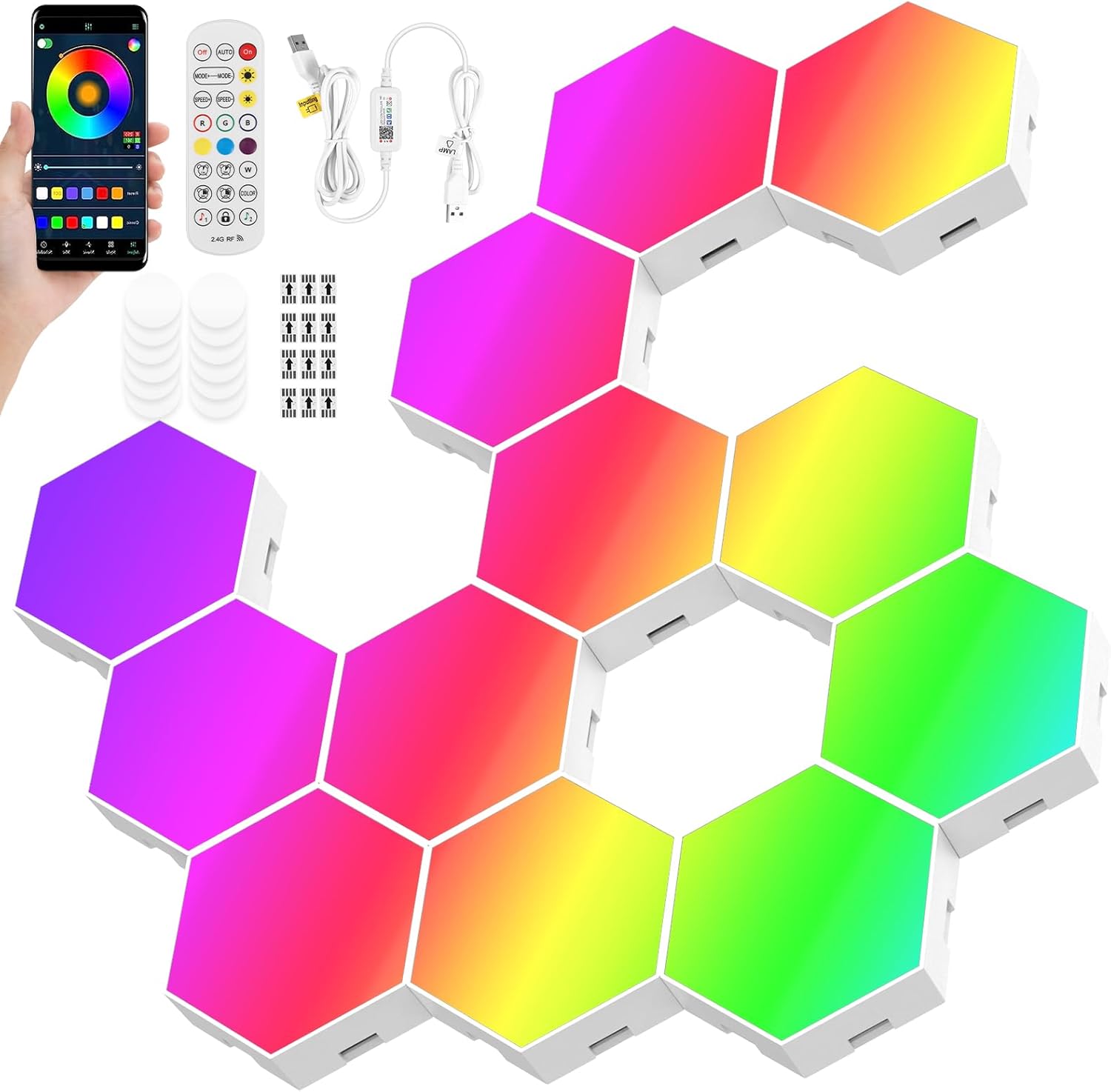 12 Pack DIY Hexagon Lights with Remote Control, Music Sync Smart APP