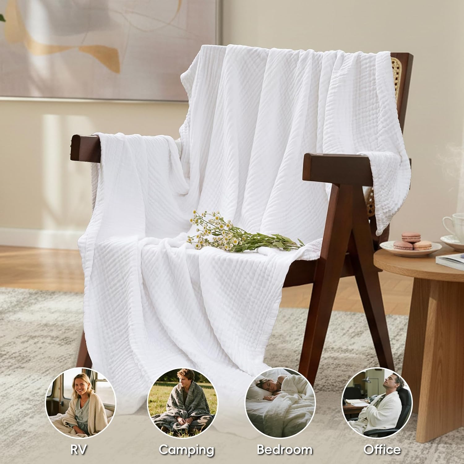 David's Home Soft Cooling Muslin Blanket King Size, 60% Rayon Derived from Bamboo 40% Cotton, Breathable Lightweight Cool Blanket for Hot Sleepers, 4-Layer Cozy Gauze for Bed, 108"x90", White - Image 4