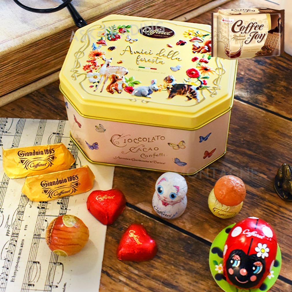 カファレル Caffarel アミーチ・デッラ・フォレスタ イエロー缶 チョコレート チョコ お菓子缶 缶 ジャンドゥーヤ イタリア 猫 動物 アニマル 可愛い (コーヒージョイ付き)