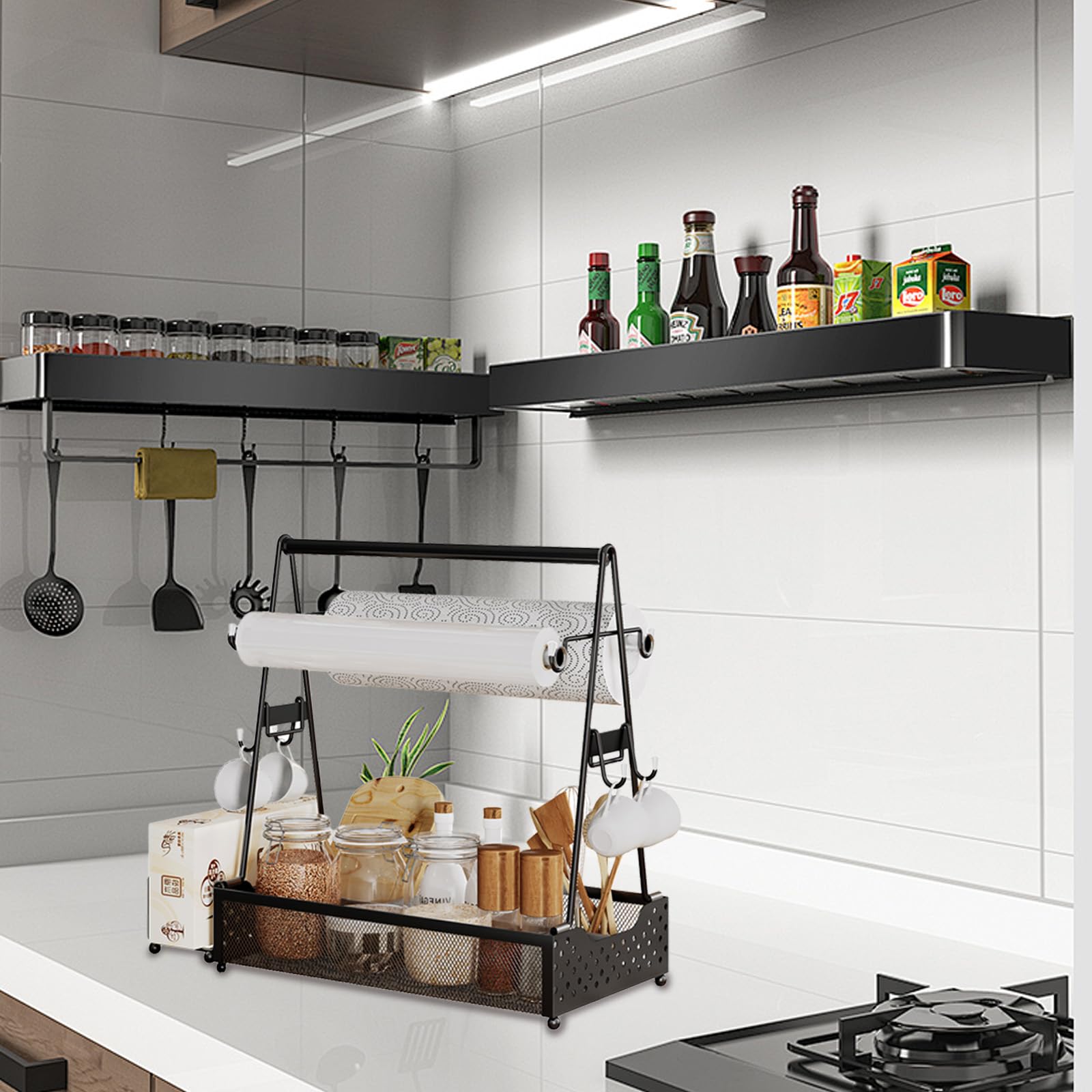 Grill Caddy, contenitore per utensili da barbecue, con porta asciugamani di carta e 4 ganci, in metallo, accessori da campeggio, organizer per cucina all'aperto