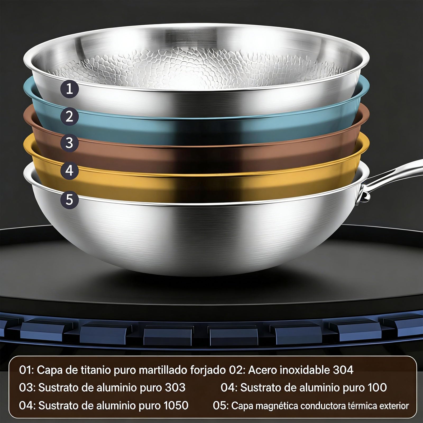Mireve Sarten Acero 304, Mireve Sarten Titanio Puro, Sartén De Titanio Martillado, Resistente, Antiadherente, Apta Para Lavavajillas, Incluye Tapa Y Compatible Con Todas Las Placas (Sin Tapa, 22cm)