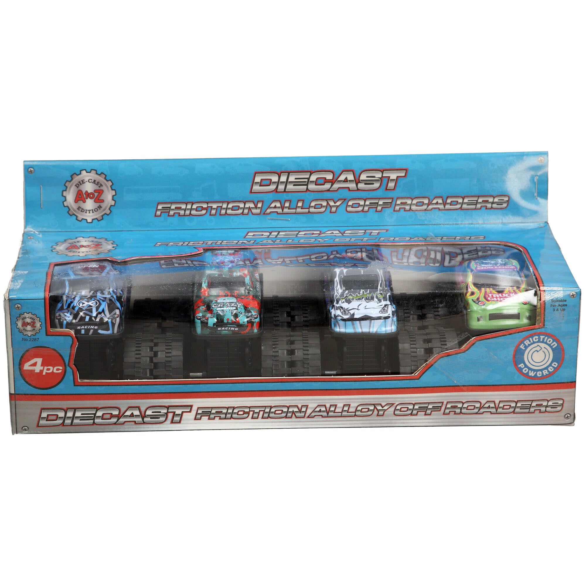 Diecast Monster Truck Set, 4 Piece Friction-Powered Off-Road Vehicles with Alloy Construction, Graffiti Design