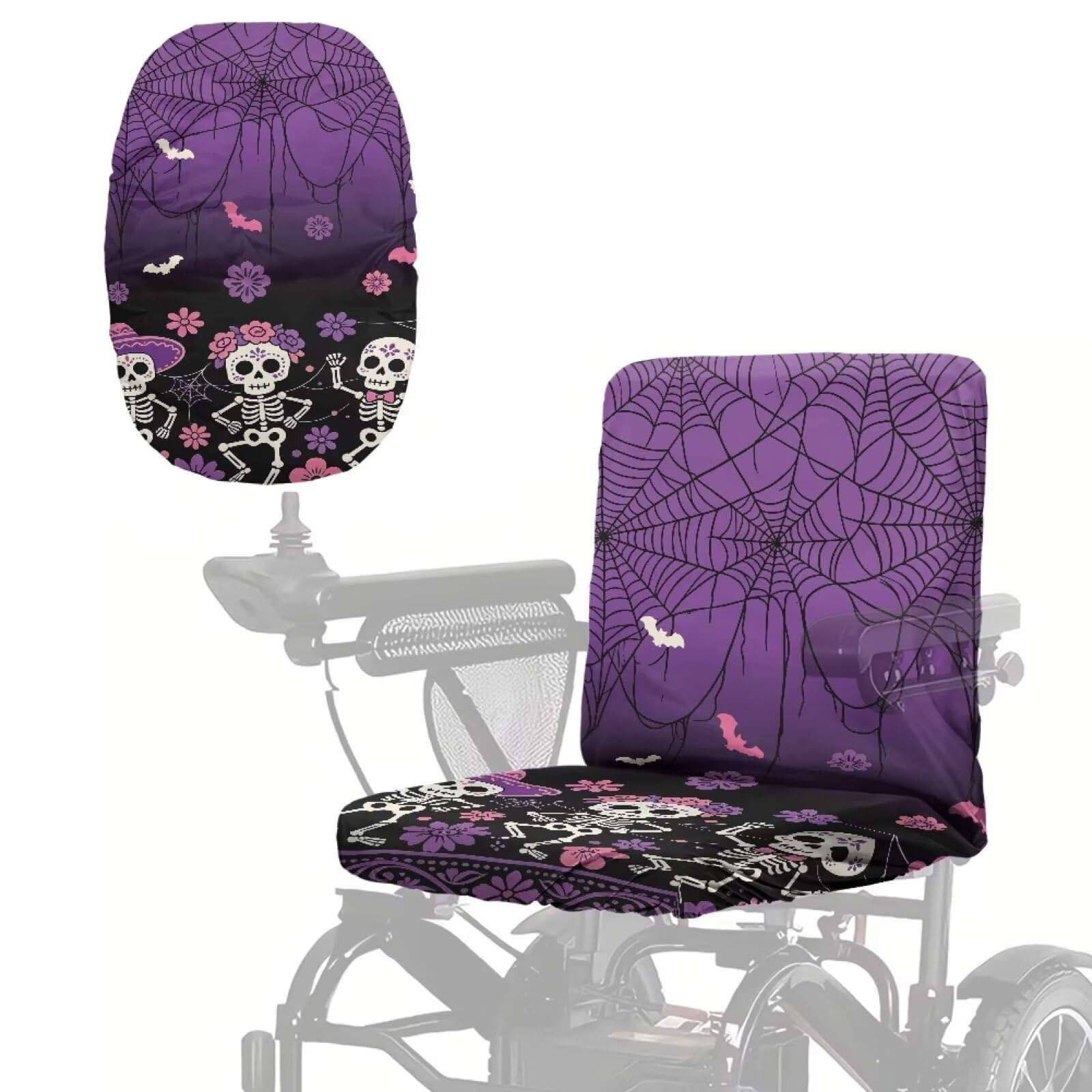 Poceacles Mobility Scooter Seat Cover for Outdoor Travel, Heavy Duty Power Wheelchair Seat Cover for Halloween Decor, Skeleton Spider-Web Print Violet