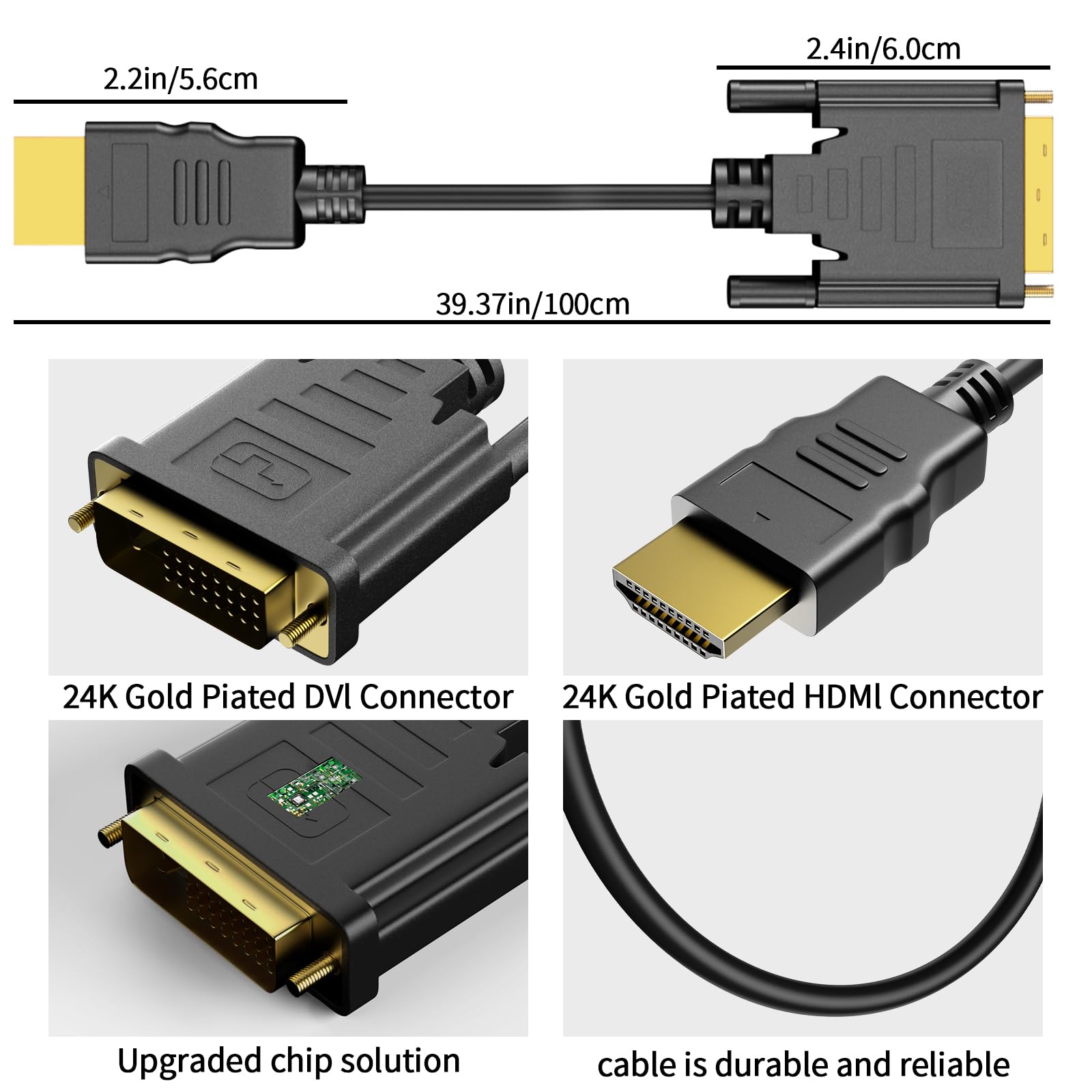 Cavo HDMI a DVI 1M, Cavo Adattatore su DVI a HDMI, Bidirezionale D-VI-D 24+1 a H-DMI Adattatore ad Alta velocità, 1080P Full HD,HDTV Cavi Video Digitale,pour Proiettore,Laptop,TV,PC,Lettore DVD
