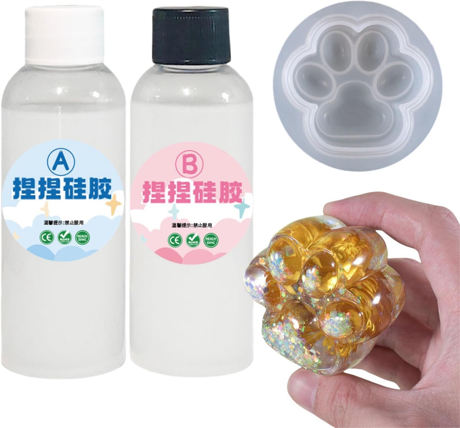 Taba Squishy Kit,Liquid Silicone for Squishy Maker,Super Soft Silicone Rubber Making Kits,DIY Taba Squishy Paw,Liquid Gel+Paw Silicone Mold,Best for DIY,Crafts,Beginners,100g + 100g,1:1 Ratio