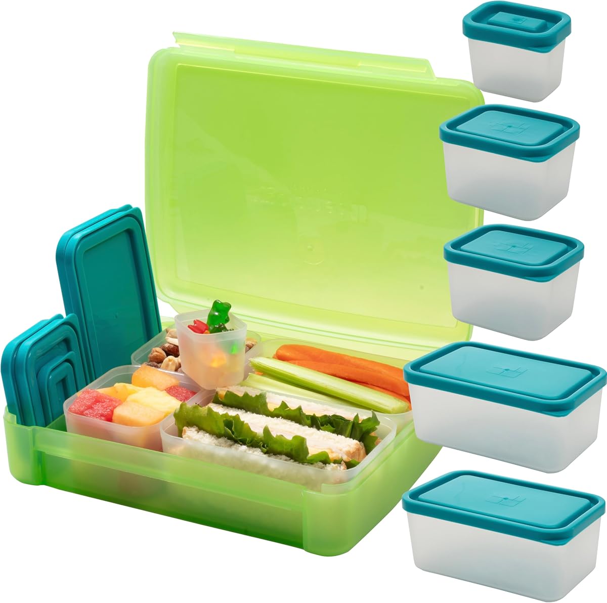Bentology Bento Lunch Box Set w 5 Leakproof Made-to-Size Snack Containers & Built-In Utensil Holder- Meal Prep Made Easy w Reusable, Kid's Back to School or Office- Durable, BPA Free, Dishwasher Safe