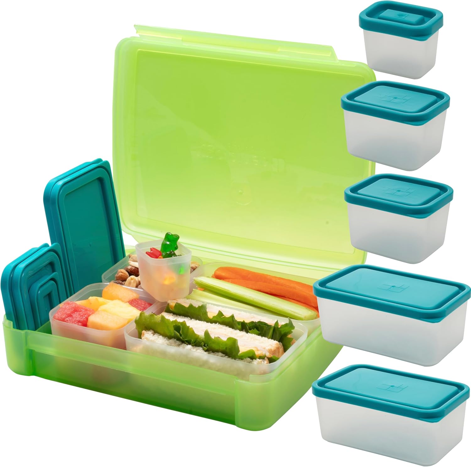 Bentology Bento Lunch Box Set w 5 Leakproof Made-to-Size Snack Containers & Built-In Utensil Holder- Meal Prep Made Easy w Reusable, Kid's Back to School or Office- Durable, BPA Free, Dishwasher Safe