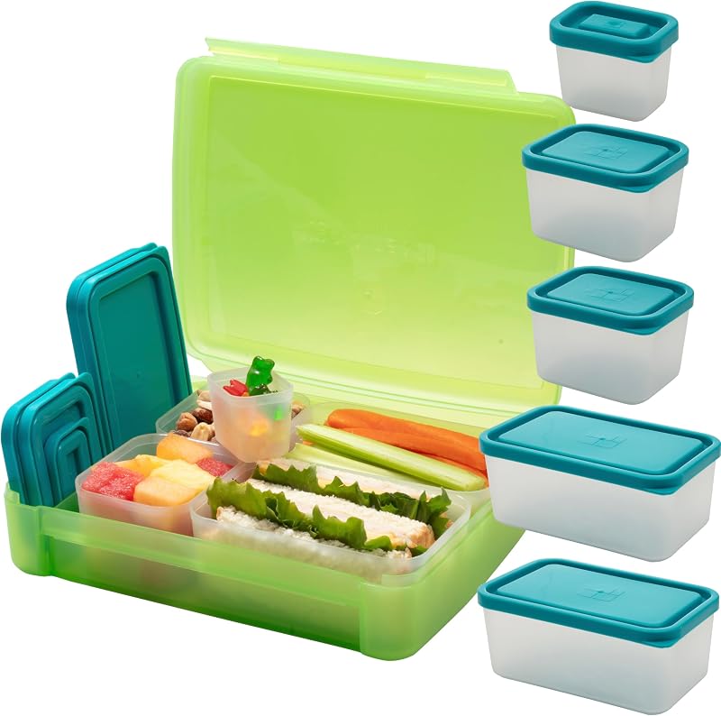 Bentology Bento Lunch Box Set w 5 Leakproof Made-to-Size Snack Containers & Built-In Utensil Holder- Meal Prep Made Easy w Reusable, Kid's Back to School or Office- Durable, BPA Free, Dishwasher Safe