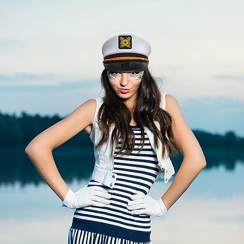 Miniatura 5 de Paquete de 20 sombreros de capitán ajustables blancos marineros azul marino sombreros para Halloween Cruise Line Capitán fiesta temática cosplay