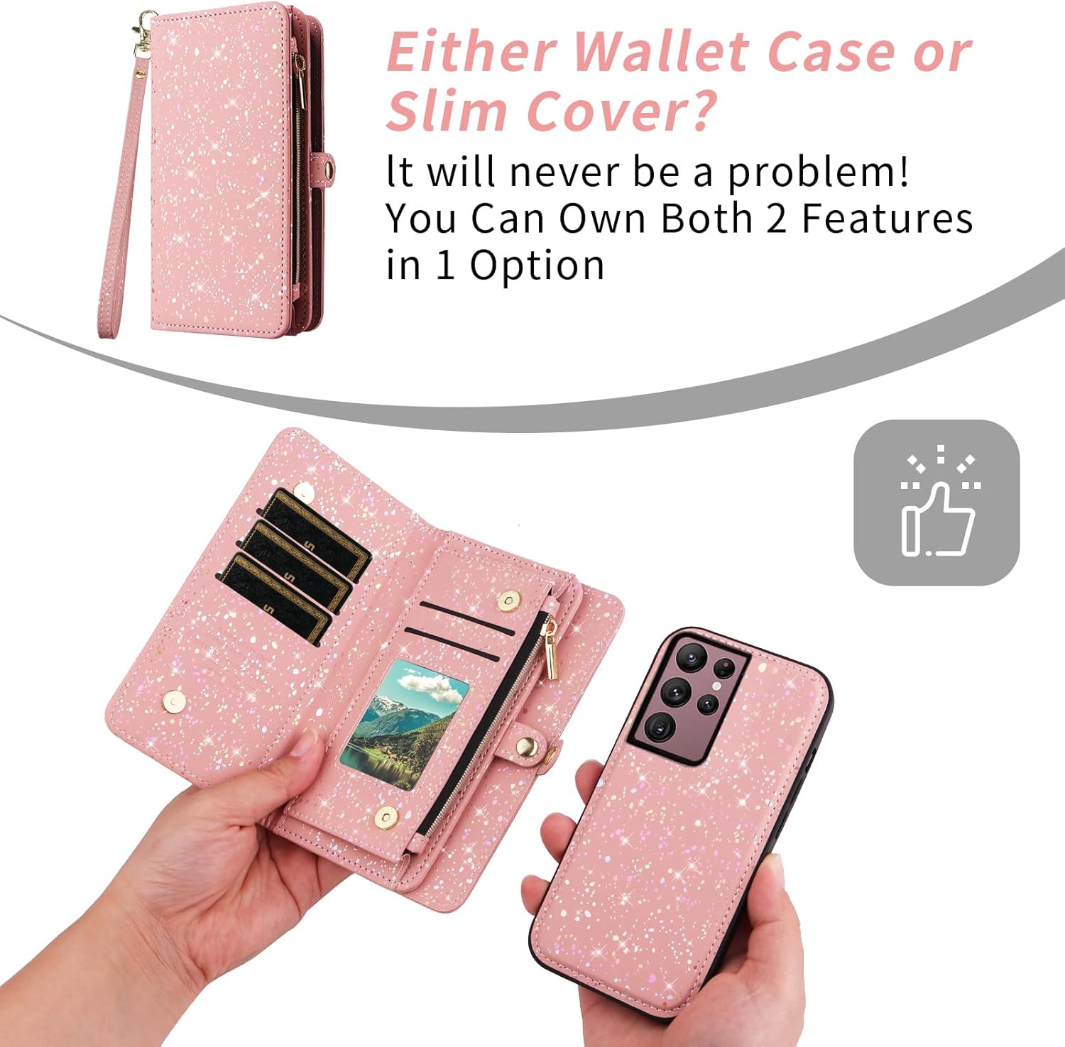 Asuwish Phone Case for Samsung Galaxy S22 Ultra 5G Zipper Wallet Magnetic Detachable Cover with Screen Protector and Glitter Card Holder Stand Cell S22ultra 22S S 22 S22ultra5g 6.8 Women Men Pink