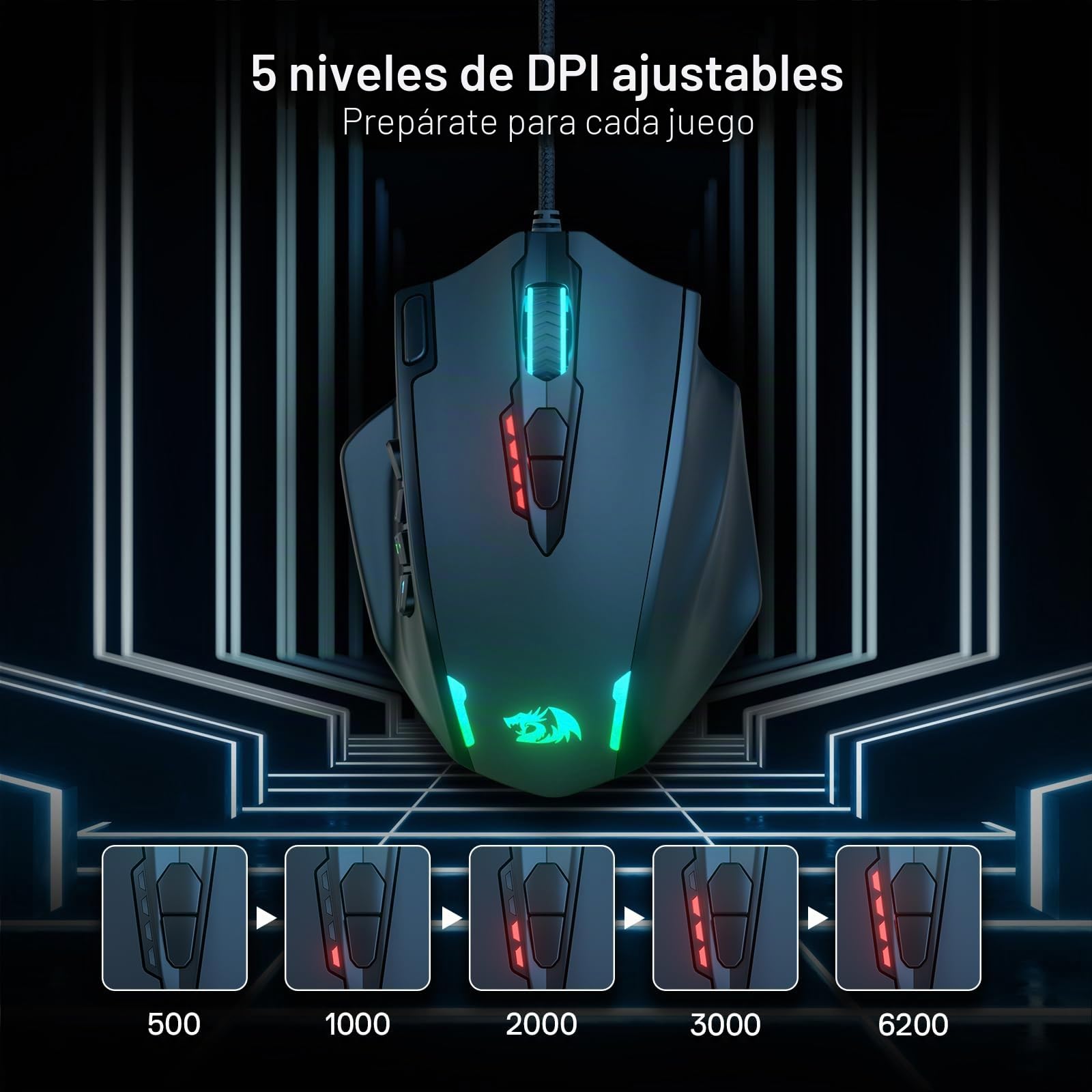 Redragon M908 Impact RGB LED MMO Mouse con Botones Laterales Laser Wired Gaming Mouse con 12.400DPI, Alta precisión, 19 Botones programables de ratón