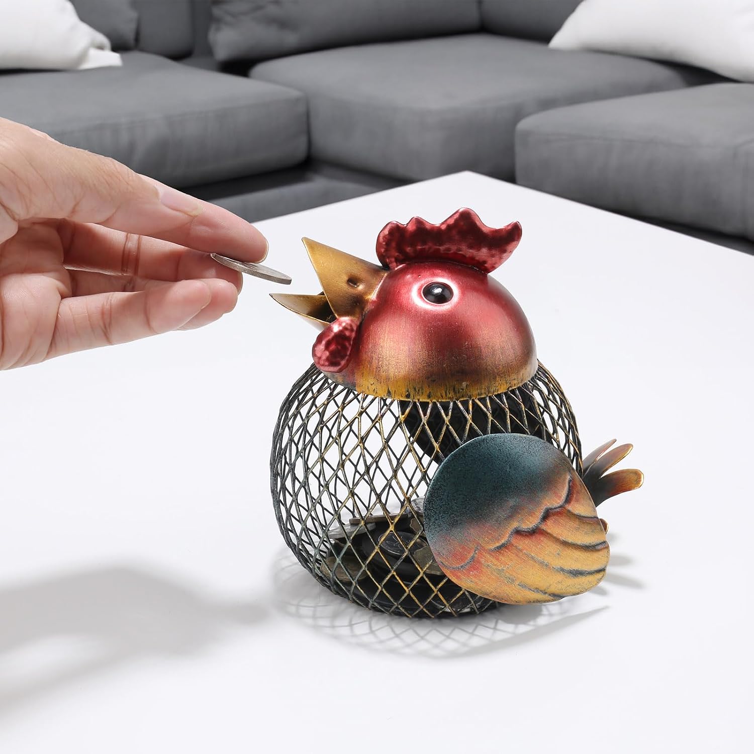 Generic Farmhouse Iron Rooster Metal Coin Bank, Kids Piggy Bank, Adult Coin Jar, Cute Animal Ornaments, Handmade Home Decor, 5.5 inches (L) x 4.5 (W) x 5.1 (H), Red