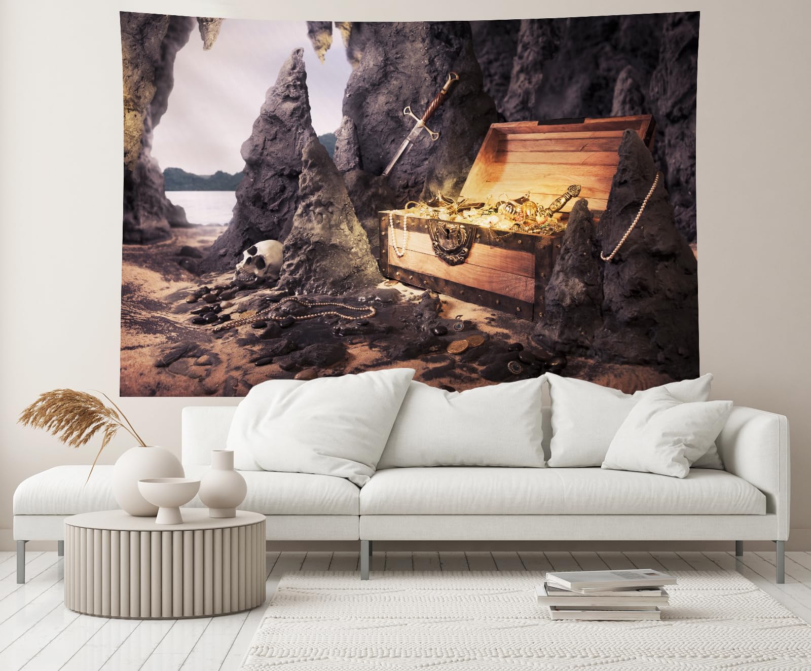 Renaiss Piraten Hintergrund Tuch – Schatztruhe, Gold, Schwert, 2,5x1,8 M, Mikrofaser, Für Foto-Booth & Party