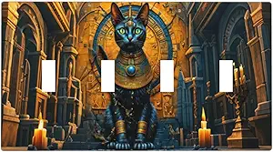 Decorative Switch Covers Plate Egyptian Black Cat Vintage Gold Decorated 4 Gang Wall Plate Oversized Quad Toggle Light Switch Plate Jumbo Faceplate for Bedroom Home Decor
