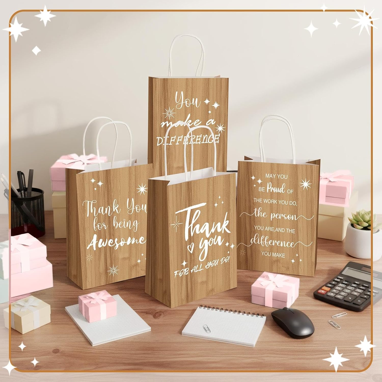 Gueevin 40 Pcs Employee Appreciation Gifts Bulk Thank You Bags CNA Gift Bags Bulk Paper Snack for Staff Teacher Team End of The Year Staff(Appreciation,Wood Brown)