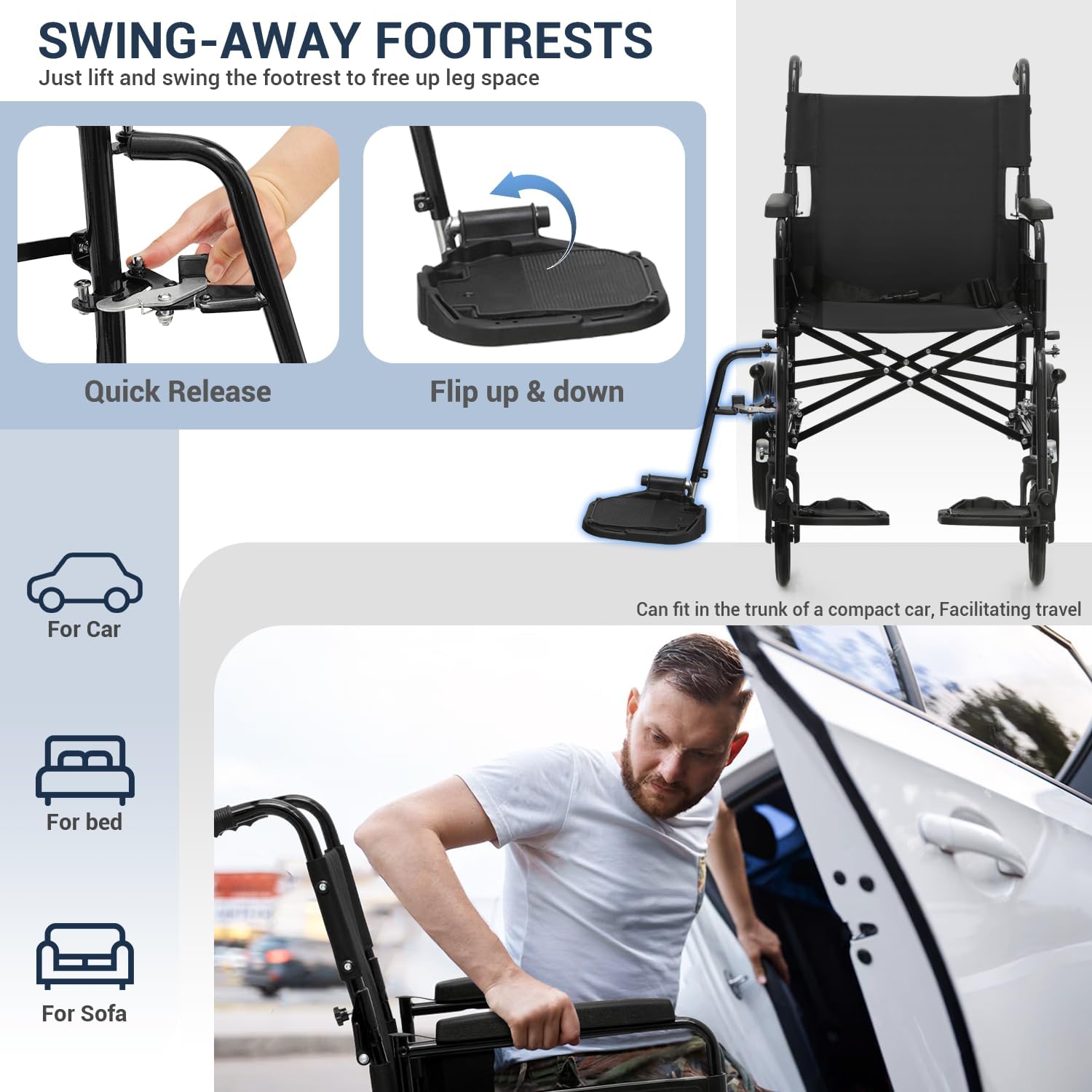 Swing-away footrests mechanism on MoNiBloom Transport Wheelchair