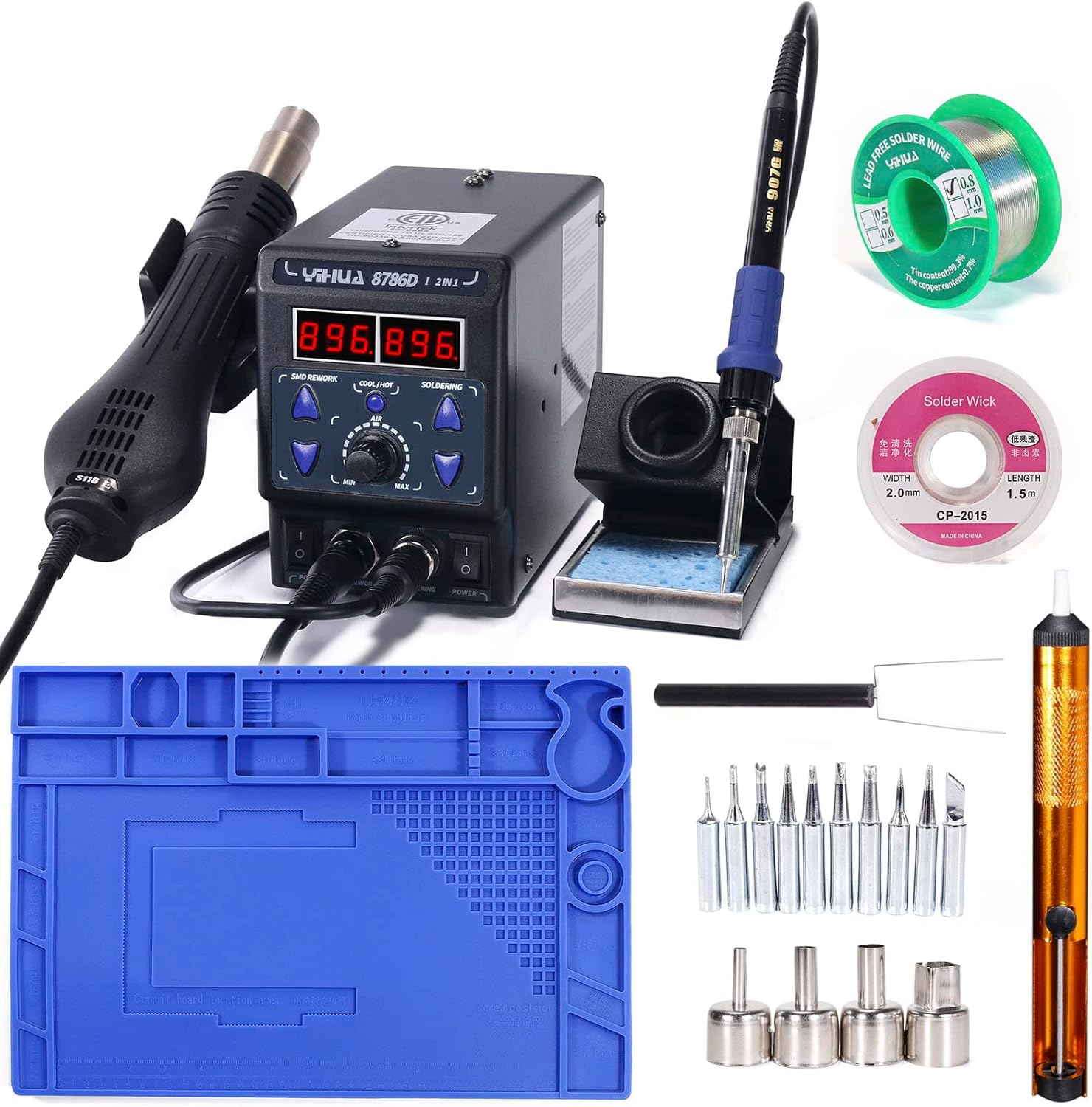 YIHUA 8786D-I Soldering & Rework Station bundle with 17.32" x 12.20" M180 Electronic Repair Mat with Iron Holder, Soldering Cleaning Kit, and Accessories (24 Items)