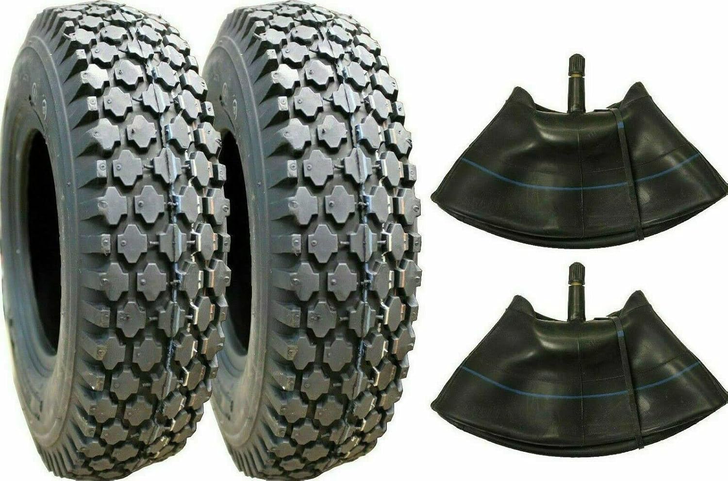 Two 4.10/3.50-4 Stud Tires with Tubes Rubber Valve Stems 410/350-4, Engineered for Optimal Performance and Durability in Diverse Equipment Applications