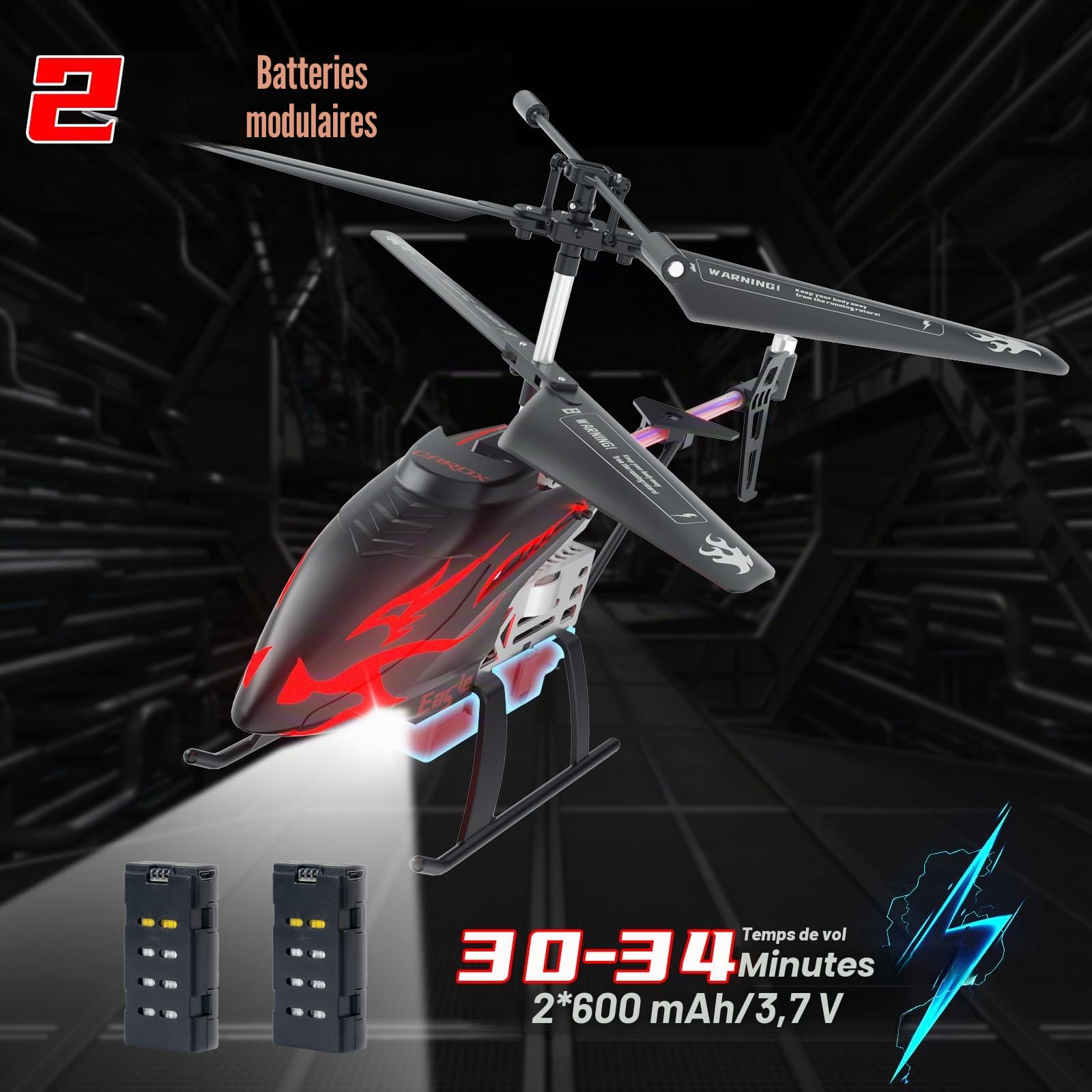 Carox Hélicoptère Télécommandé Enfant 6 Ans 30 Min de Vol 2 Batteries Maintien d'Altitude 1 Touche Lumières LED Jouet Intérieur Cadeau d'Anniversaire