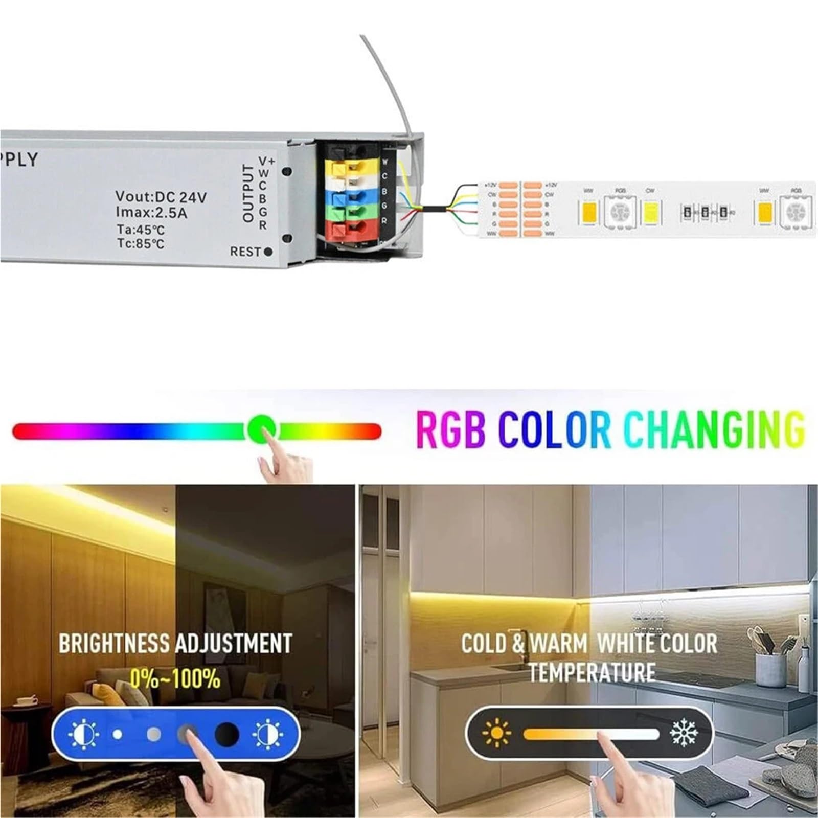 Sterownik LED RGBCCT z funkcją ściemniania 60 W, zasilacz DC 24 V, współpracuje z aplikacją Tuya Life Wi-Fi do taśm LED RGBCCT COB.(ZIGBEE LED DRIVER)
