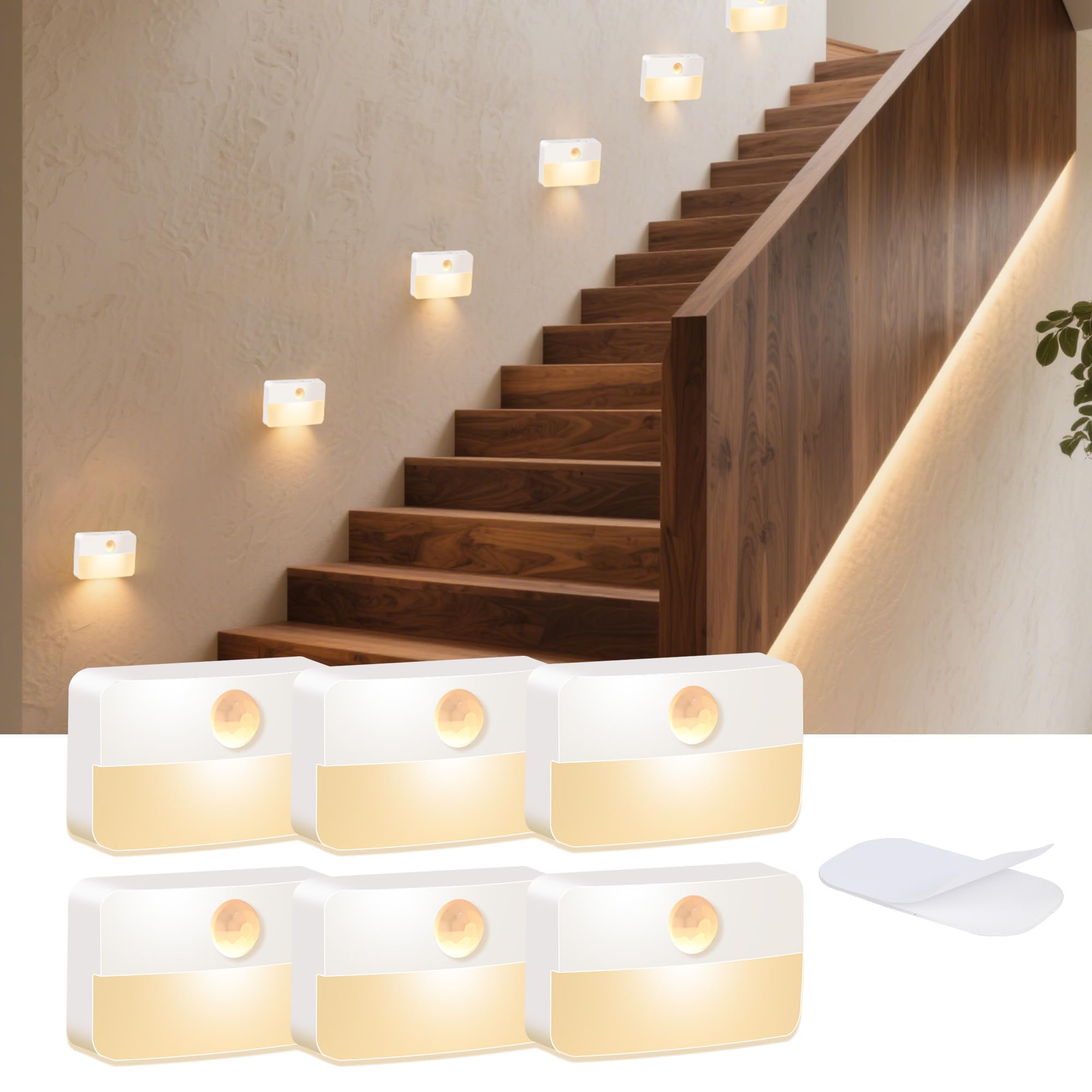 DJBoomy Motion Sensor Night Light for Indoor: 6 Pack Battery Operated Stair Lights LED 3000k Step Lights - Motion Sensor Lamp for Cabinet Closet Hallway Bedroom Stairs (Battery Powered)
