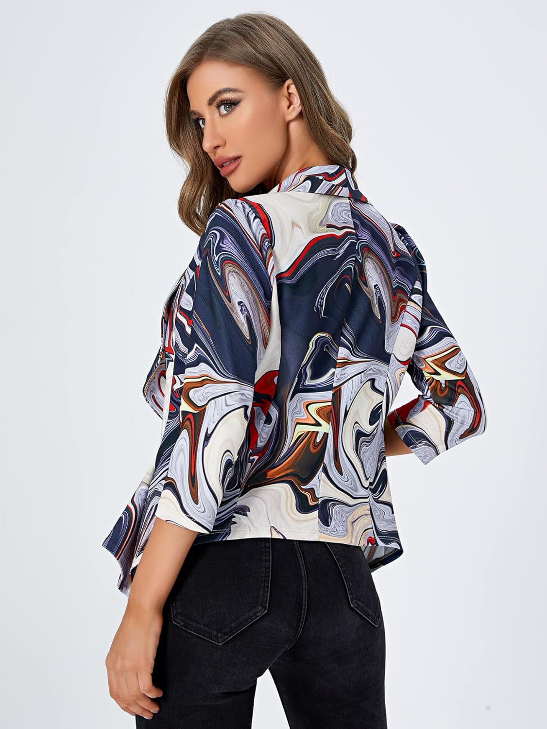 WDIRARA Women's Printed Open Front 3/4 Sleeve Blazer Ruffle Jacket Outerwear : Clothing, Shoes & Jewelry