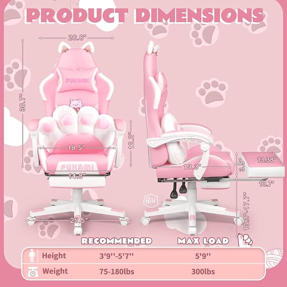 VITESSE Pink Gaming Chair for Girl with Cat Paw Lumbar Cushion and Cat Ears,Ergonomic Computer Chair for Girl with Footrest and Headrest Comfortable Reclining PC Game Chair for Adult,Kid (White)