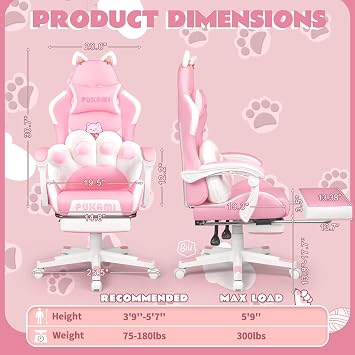 VITESSE Pink Gaming Chair for Girl with Cat Paw Lumbar Cushion and Cat Ears,Ergonomic Computer Chair for Girl with Footrest and Headrest Comfortable Reclining PC Game Chair for Adult,Kid (White)