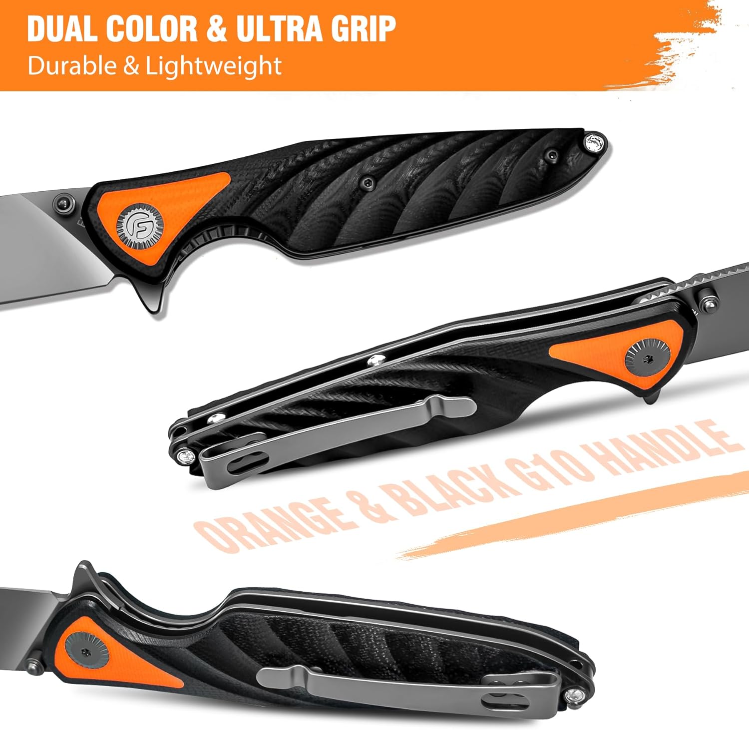 FINTISO Pocket Knife 3.15" Folding Knife Premium 14C28N Blade, Black and Orange G10 Handle Bicolour Design with Liner Lock Pocket Clip for Men Women, Small EDC Knife for Camping, Hunting, Hiking, Survival and Outdoor Activities, Toucans Series