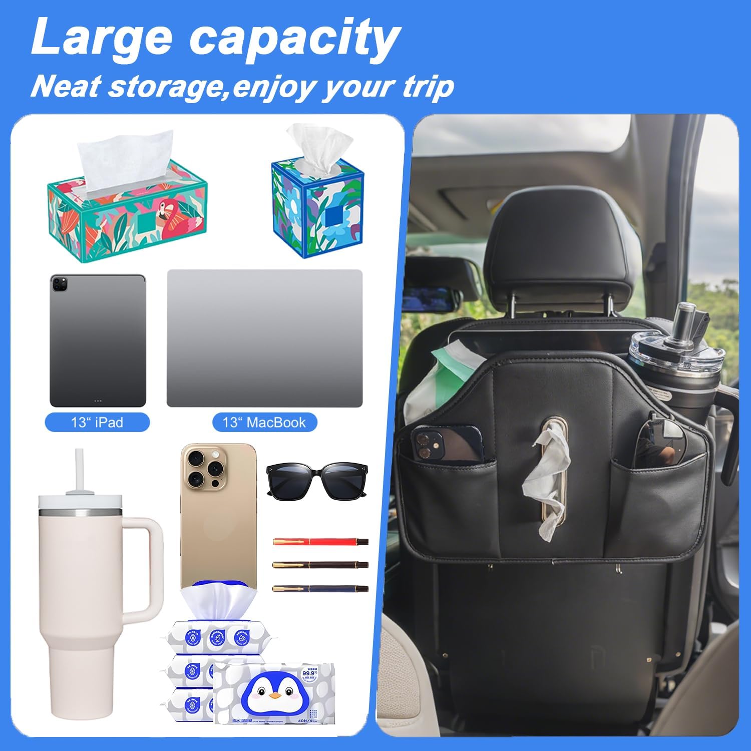 Upgraded Car Seat Back Organizer With Extra Large Tissue Holder Fits For Kleenex Tissue Box (50-230ct), PU Leather Headrest Seat Back Storage Accessories (Black-2 Packs)