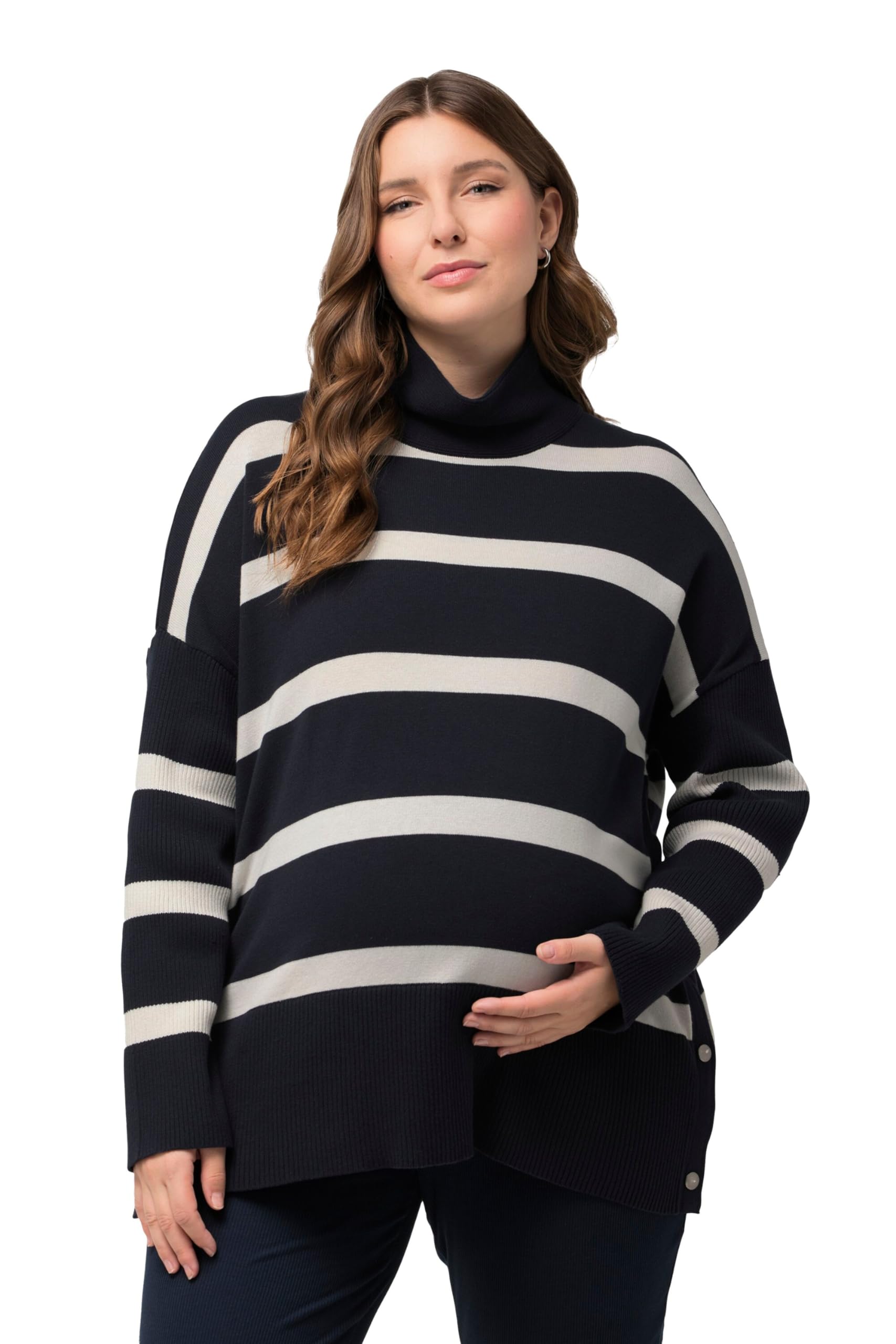 Ulla Popken Damen große Größen Übergrößen Plus Size Pullover, Oversized, Seitennähte mit Druckknöpfen, Stehkragen, Langarm 825369
