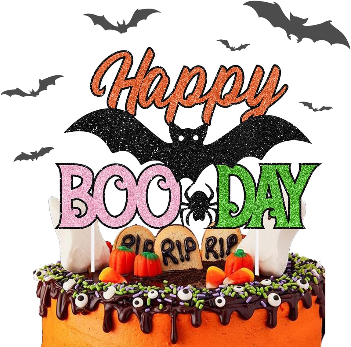 Happy Boo Day Cake Topper with Spider and Bat for Halloween Girls Birthday Party Decorations Home Office School Decor