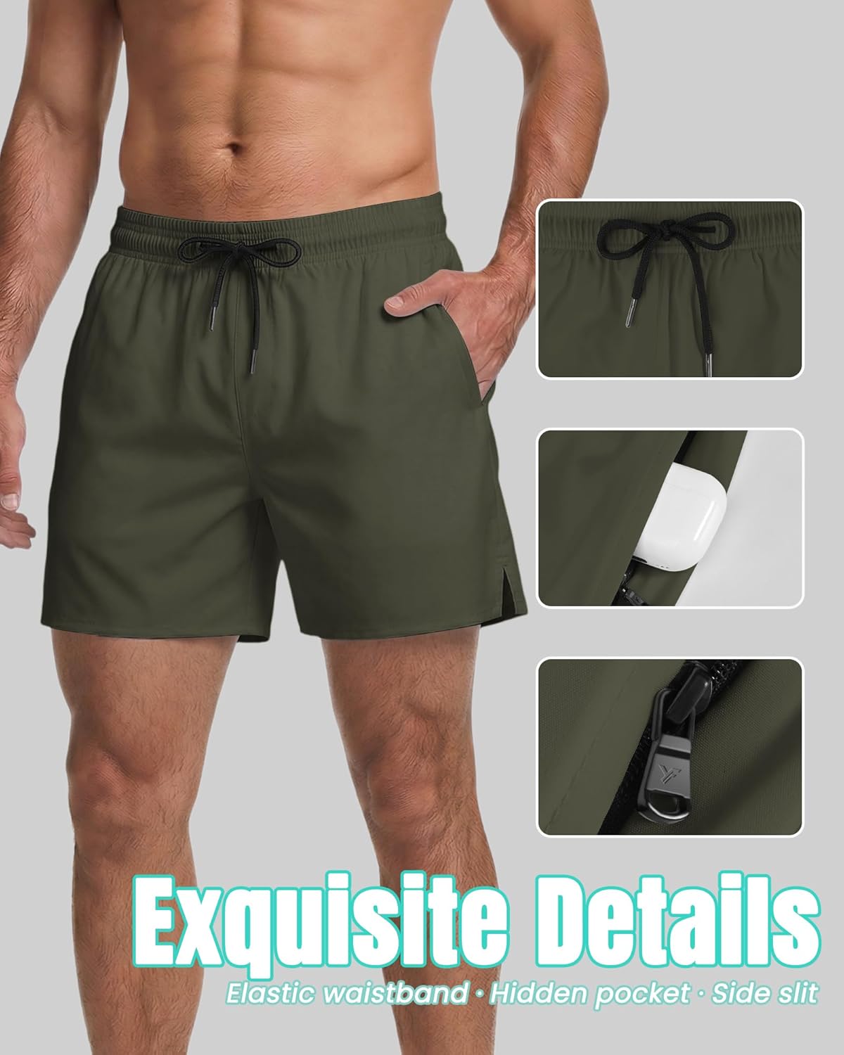 Men Swim Trunks with Compression 5 Inches Breathabe Liner Quick Dry Zipper Pockets for Board Beach Gym Running