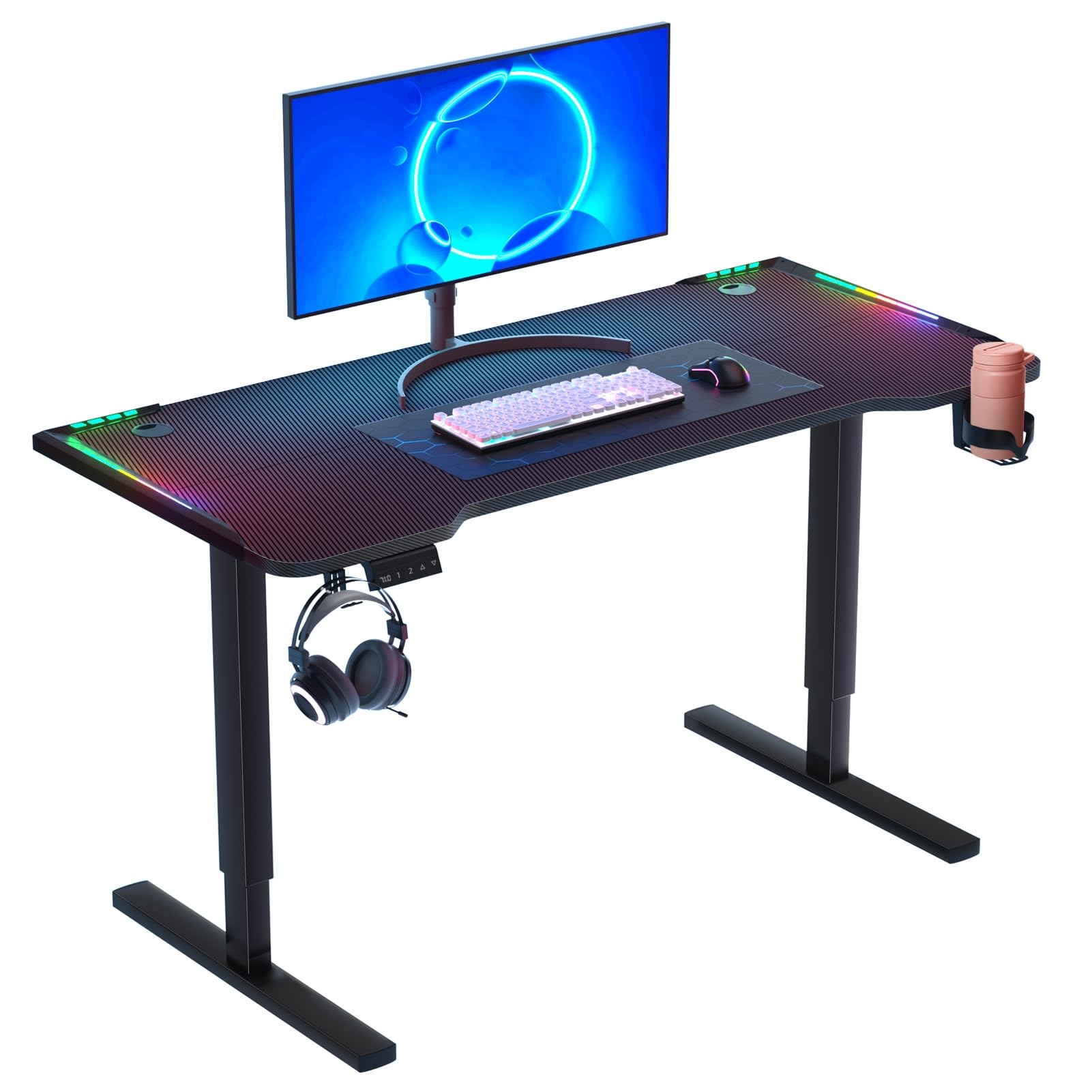 cdar 56in Gaming Desk 3 Levels Electric Lift Standing Desk Ergonomic Computer Game Table Height Adjustable PC Workstation