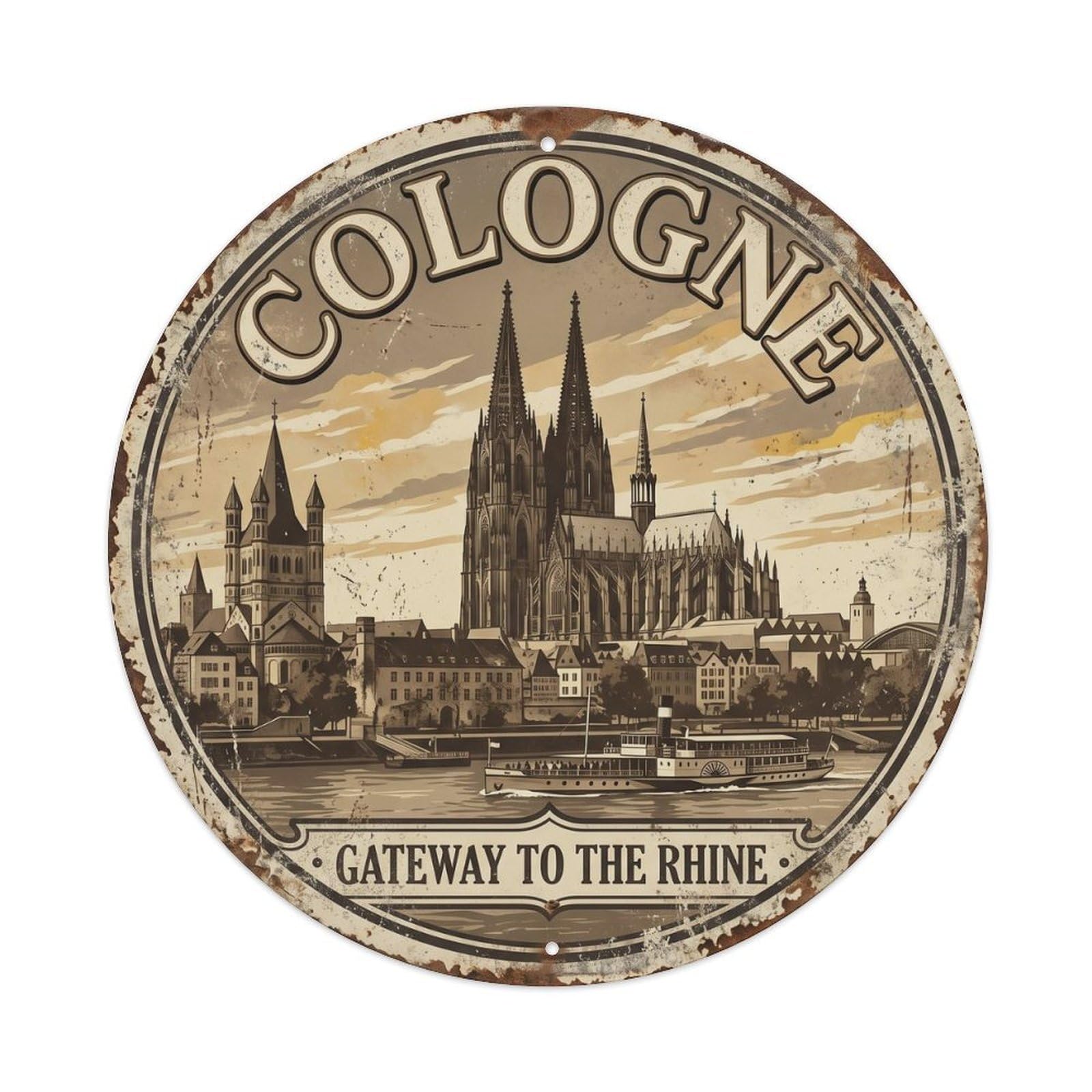 Cmhok Vintage Style Vintage Travel Cologne Cathedral Rhine Metal Tin Sign Plaque Wall Decor For Cafe, Club, Garden Round Metal Poster 8X8inch
