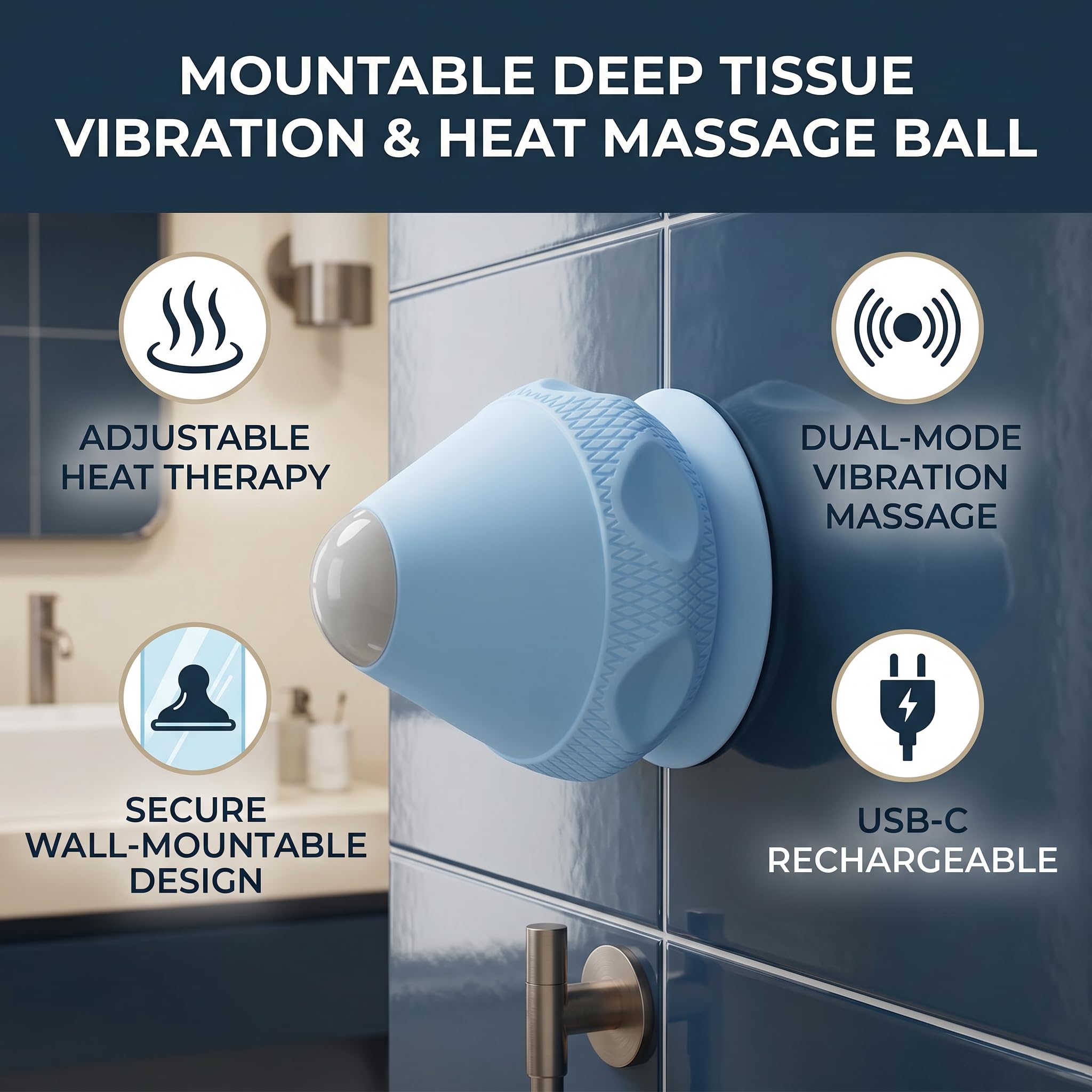 Montierbarer Wärmekompressions-PC-Massageball aus Silikon mit Vibrierendem Dual-Modus für Triggerpunkt-Tiefengewebeentspannung, Wiederaufladbare Timer-Funktion (Blue)