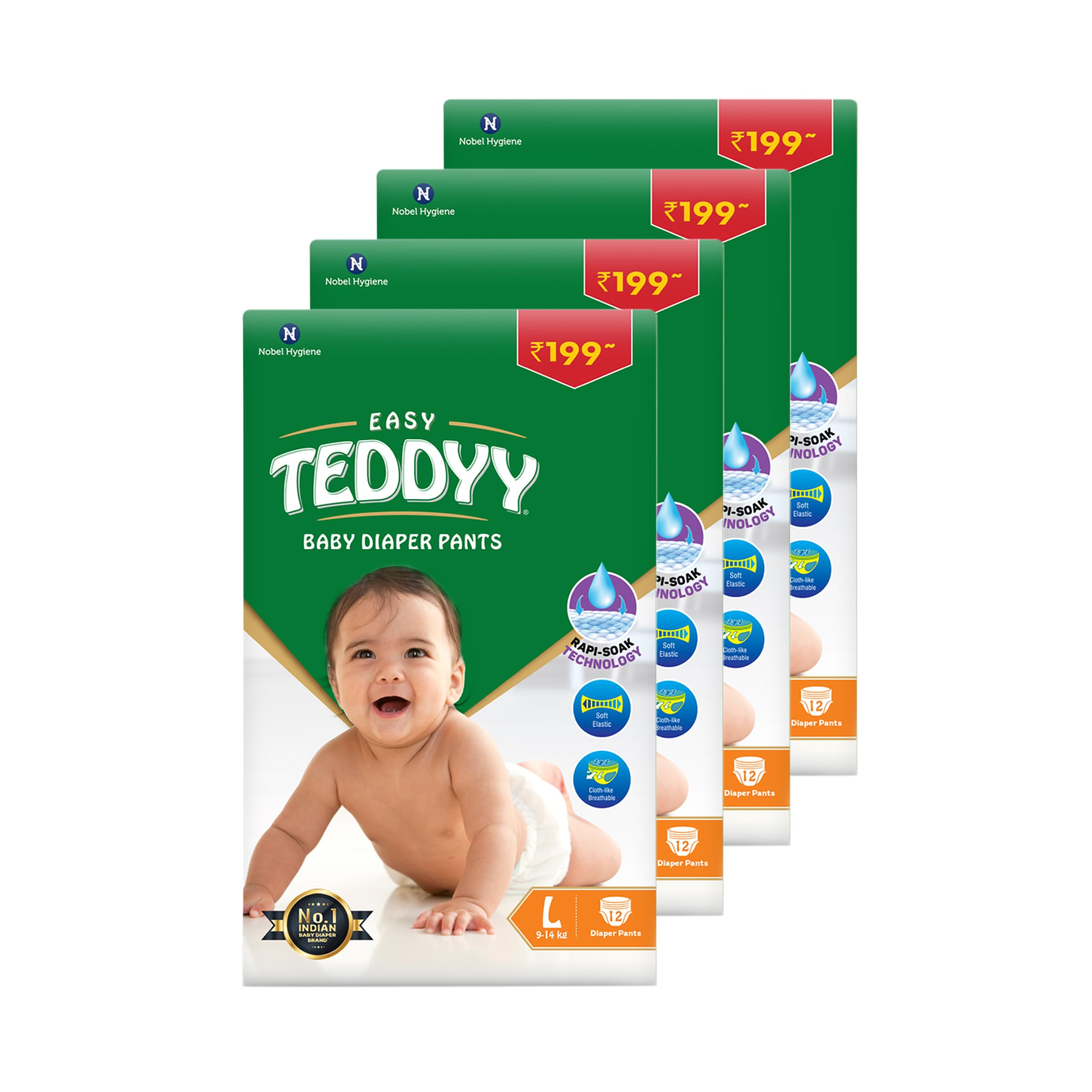 TEDDYY Baby Diapers Pants Easy Large 48 Count (Pack of 4), 9-14 kgs, 12 hrs Leak Protection, Anti - Bacterial