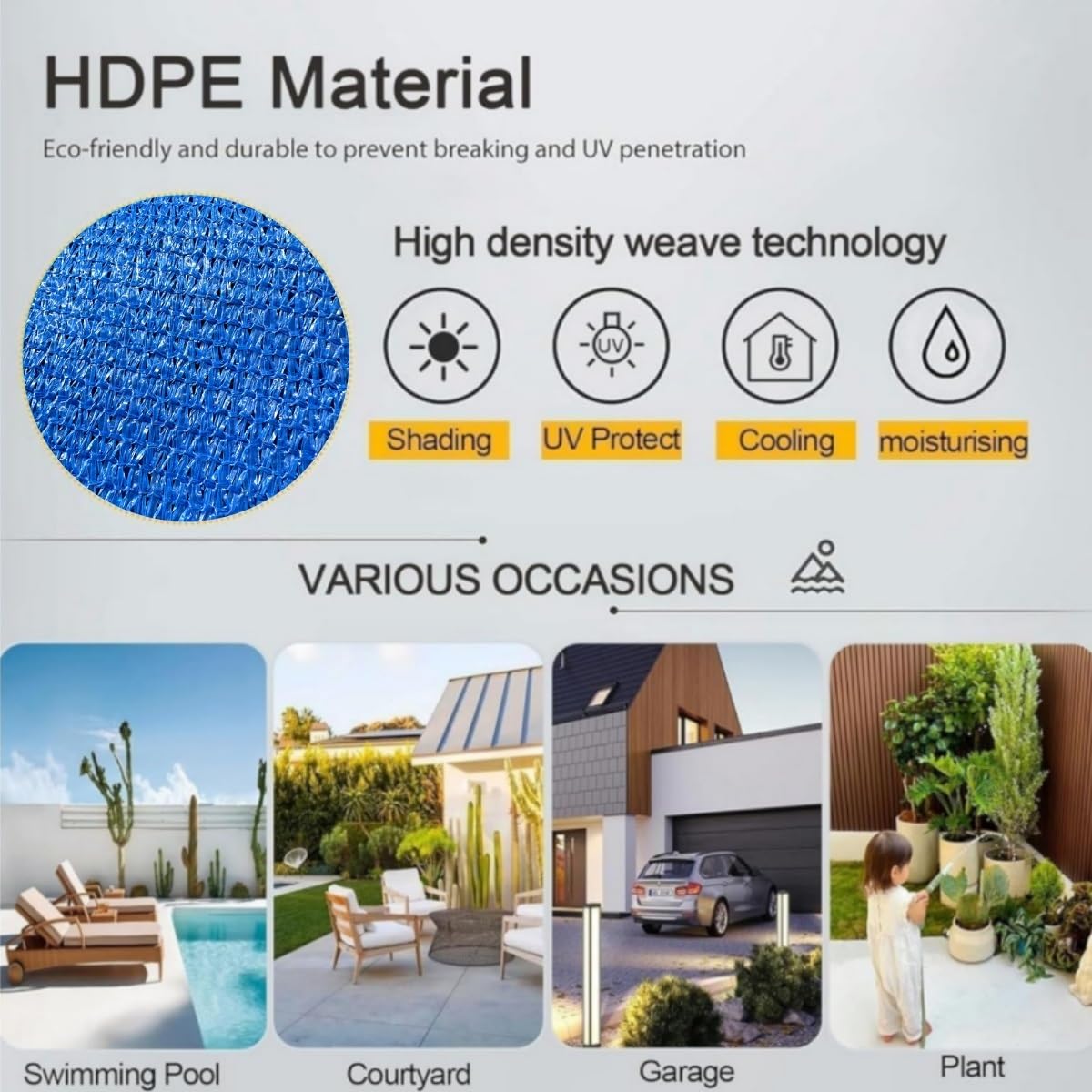Voile D'ombrage Bleu HDPE Protection Solaire Extérieur for Cour Et Jardin(5mx8m)