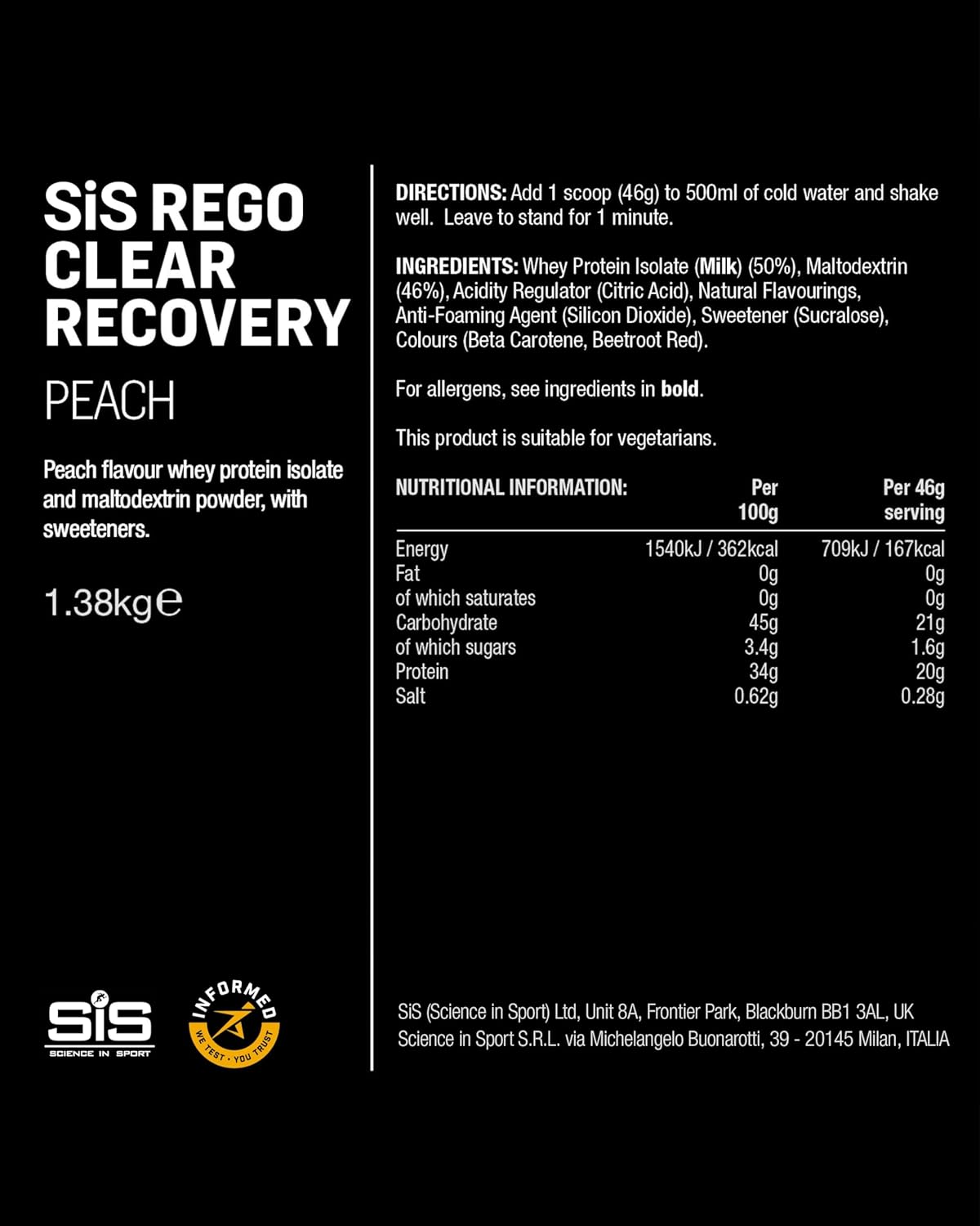Science in Sport REGO Clear Recovery - Clear Protein Powder & Refuel Drink for Muscle Support - 20g Protein & 21g Carbohydrates - Sports Nutrition - Peach Flavor - 48oz