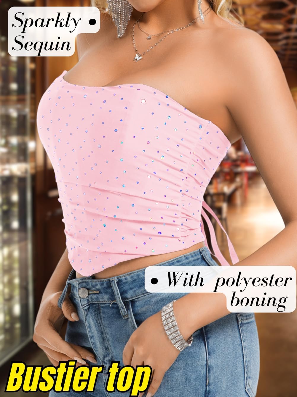 EHSUYAB Women Sexy Lace Up Corset Top, Sparkly Rhinestone Sequin Tube Mesh Bustier Tops, Club Outfit Birthday Party Going Out
