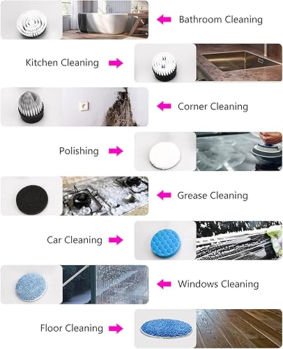 Miniatura 5 de Limpiador eléctrico giratorio, cepillo de limpieza de ducha FARI con 8 cabezales de cepillo reemplazables, limpiador eléctrico inalámbrico con mango