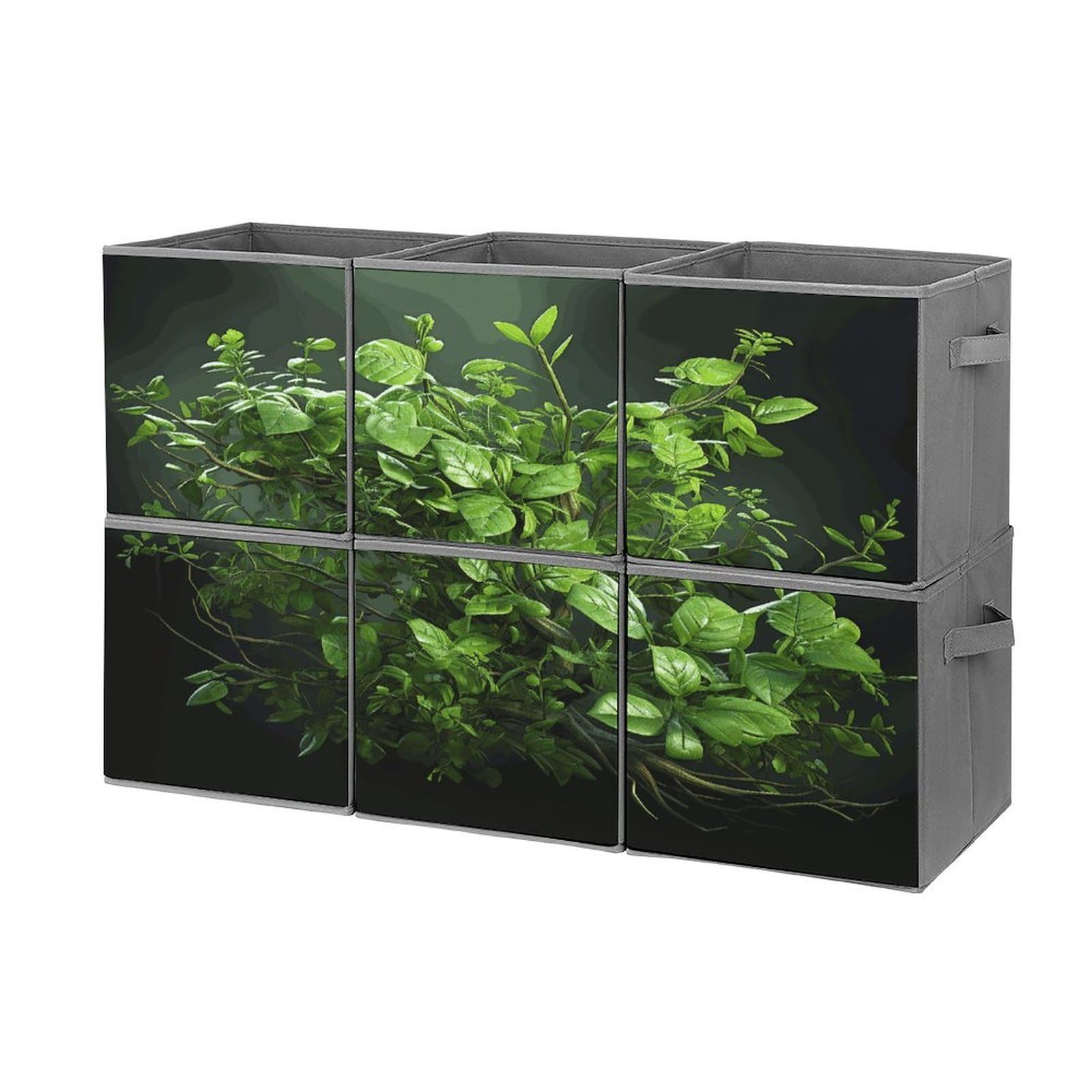 Fekiloot Style Green Leaves Storage Bin For Foldable And Handles,Closet Organizer Of 6-Pack Stackable,Storage Box For Living,Room, Office,Bedroom,Closet