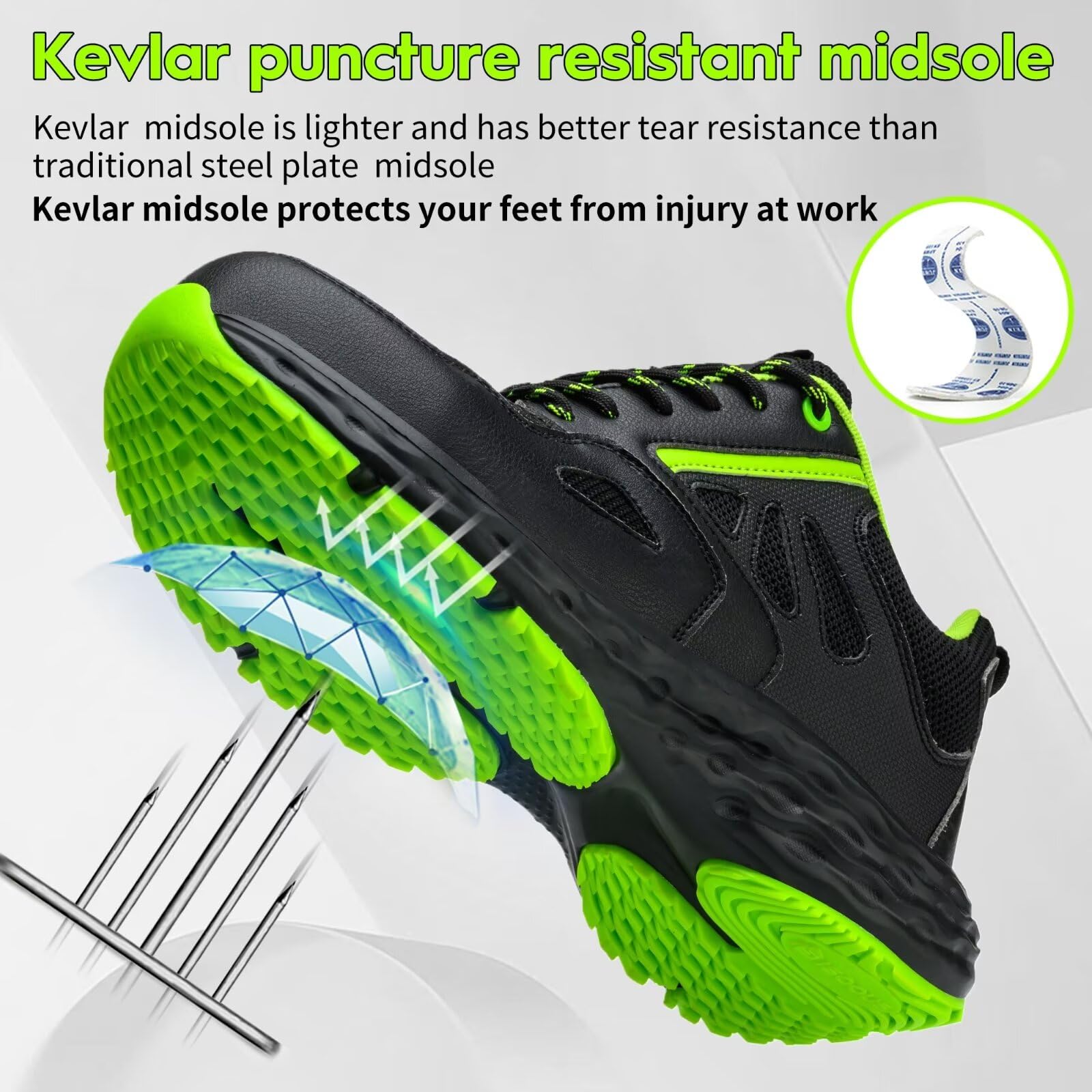 Buty Ochronne Męskie Obuwie Robocze Damskie Plastikowym Noskiem Obuwie Ochronne Lekkie Antypoślizgowe Oddychające Sportowe Czarny Zielony EU 43