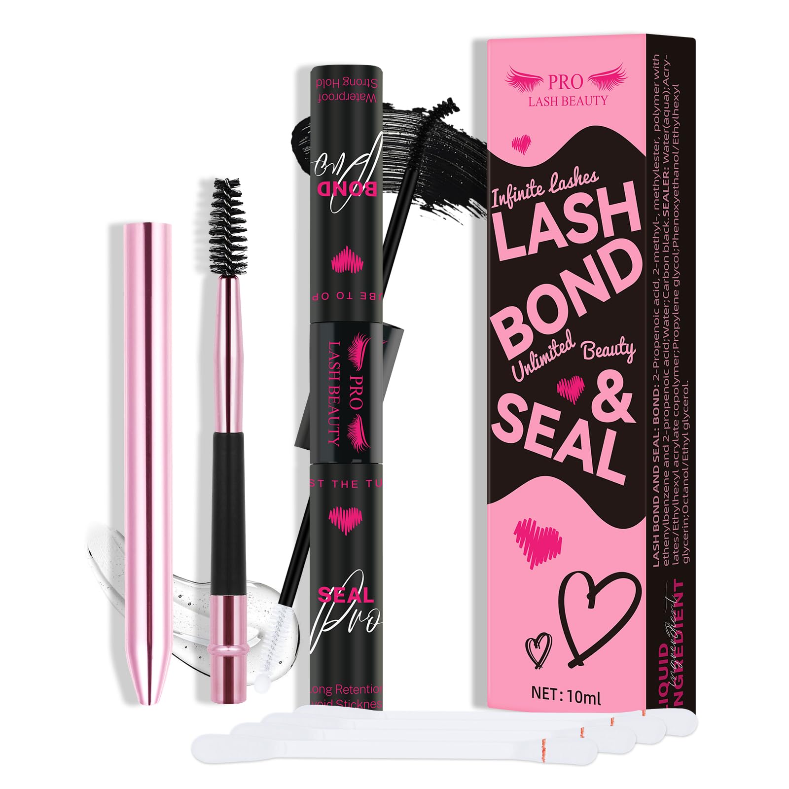 Lash Bond and Seal Cluster Lash Glue & Seal Waterproof Bond and Seal Cluster Lash Glue for DIY Eyelash Extensions Waterproof Strong Hold (5ml+5ml, Black Bond & Clear Seal)