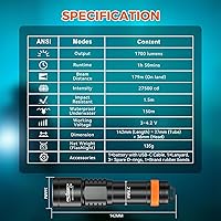 Vista 7 de ORCATORCH Luz de buceo D700 de 1700 lúmenes con haz estrecho de 6°, interruptor mecánico de encendido/apagado, impermeable IP68, linterna submarina