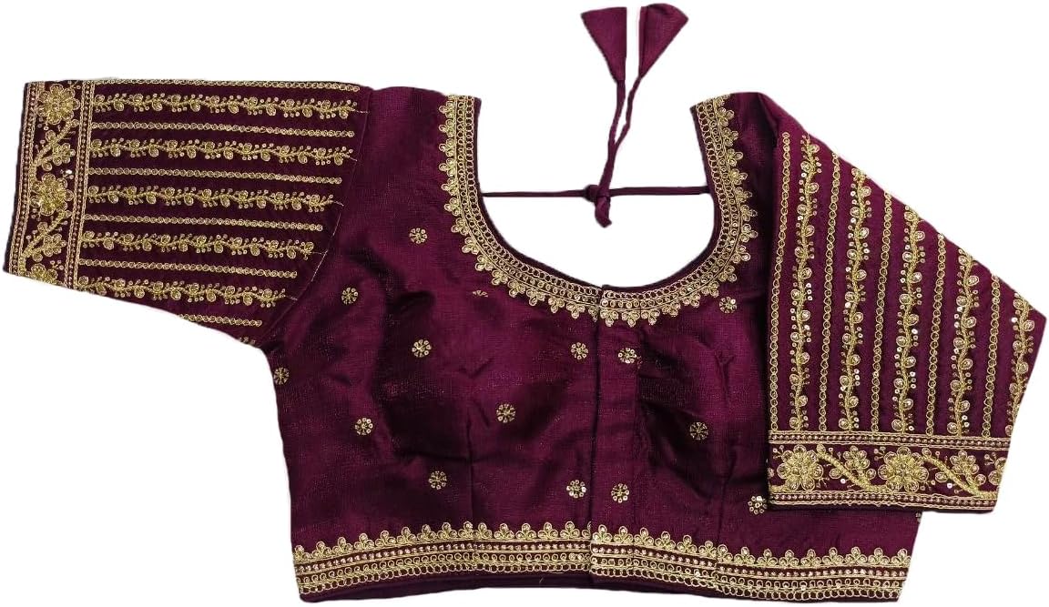 Pujia Mills Women's Readymade Blouse Embroidery Multi Coding Gold Thread Indian Ethnic Designer Stitched Readymade Saree Half Sleeve Blouse for Women for Saree Lehenga Choli