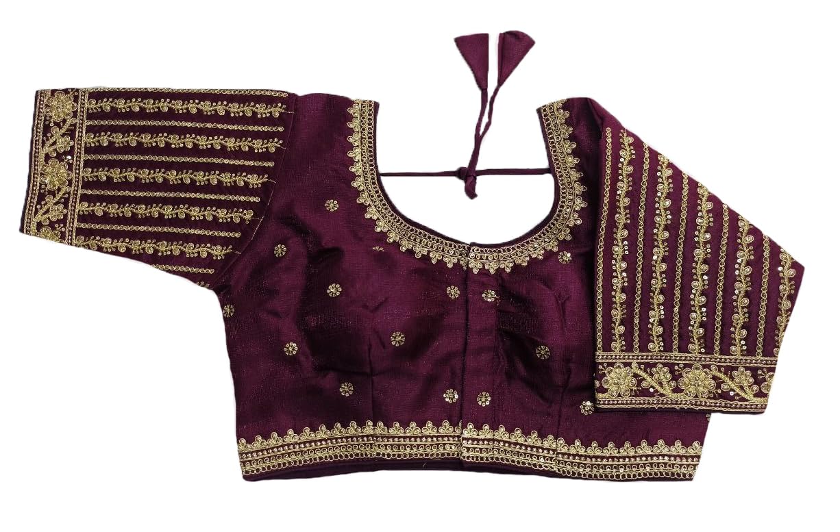 Pujia Mills Women's Readymade Blouse Embroidery Multi Coding Gold Thread Indian Ethnic Designer Stitched Readymade Saree Half Sleeve Blouse for Women for Saree Lehenga Choli